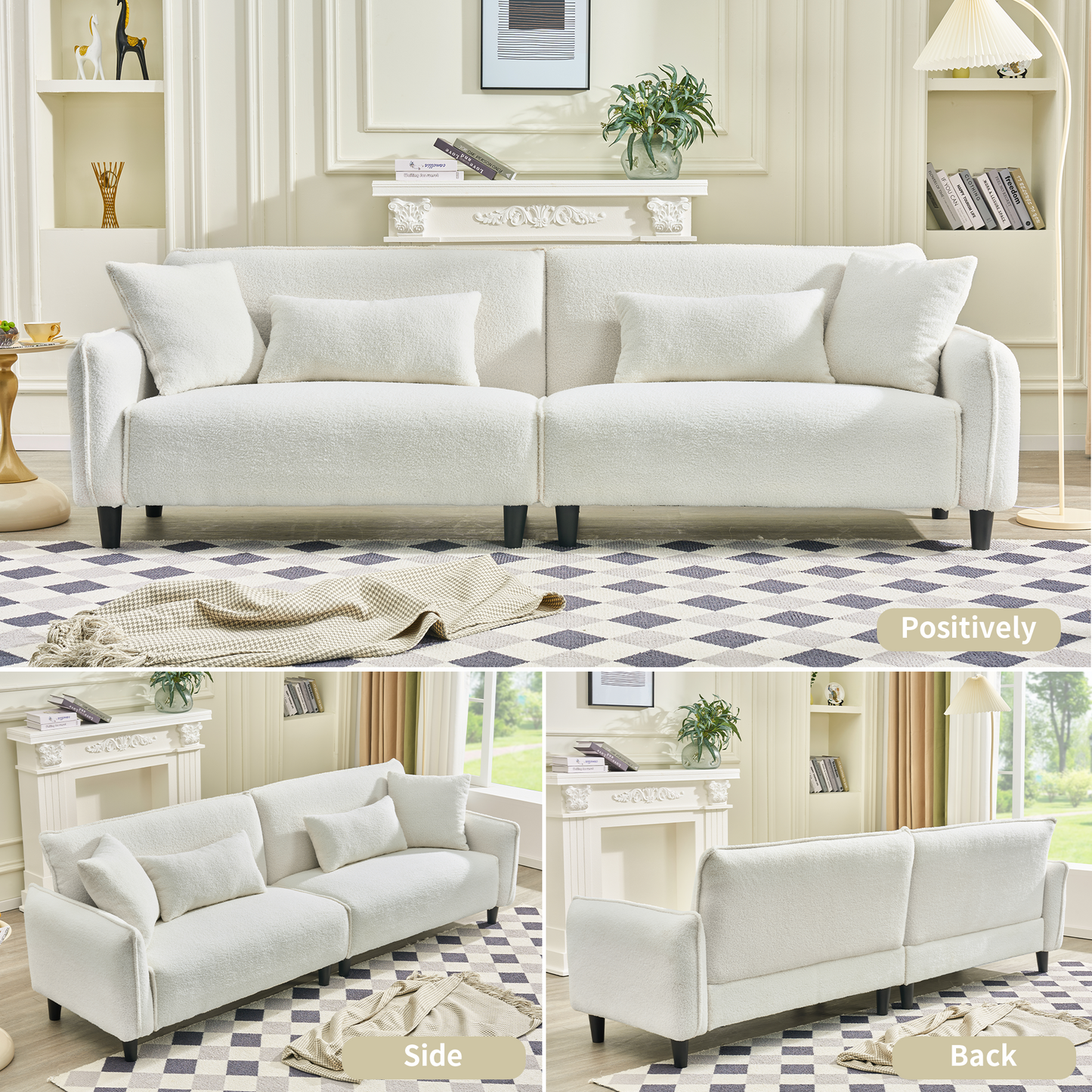 White teddy fabric sofa with plush throw pillows and black wooden legs