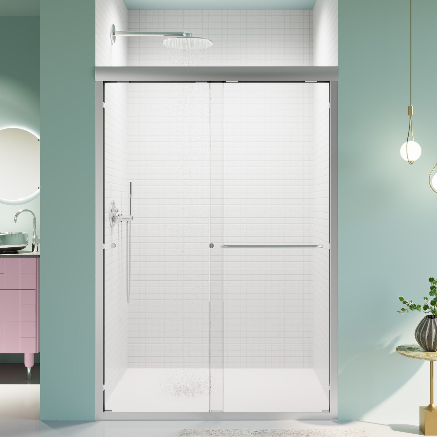 Modern frameless glass shower door with brushed nickel hardware