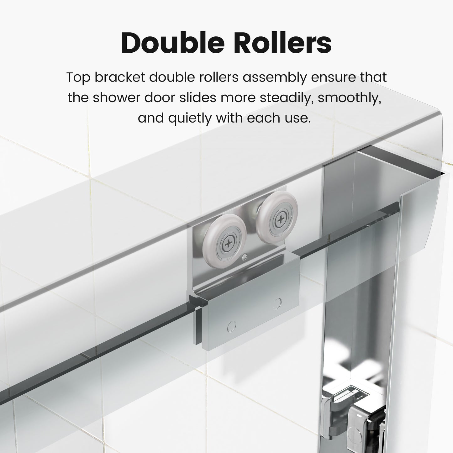 Closeup of chrome shower door top bracket with double rollers