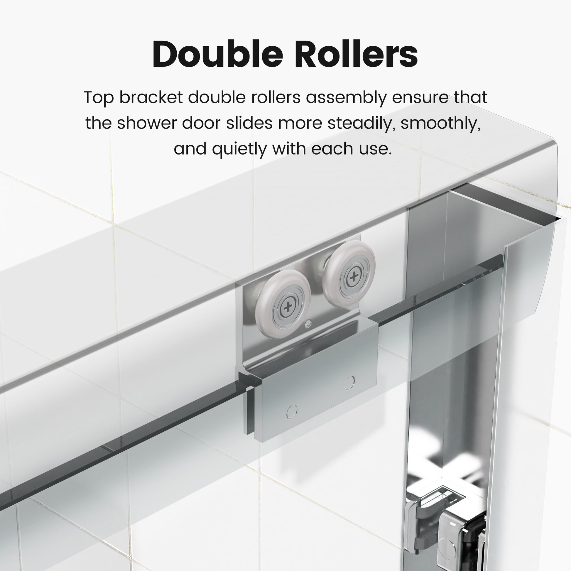 Closeup of chrome shower door top bracket with double rollers