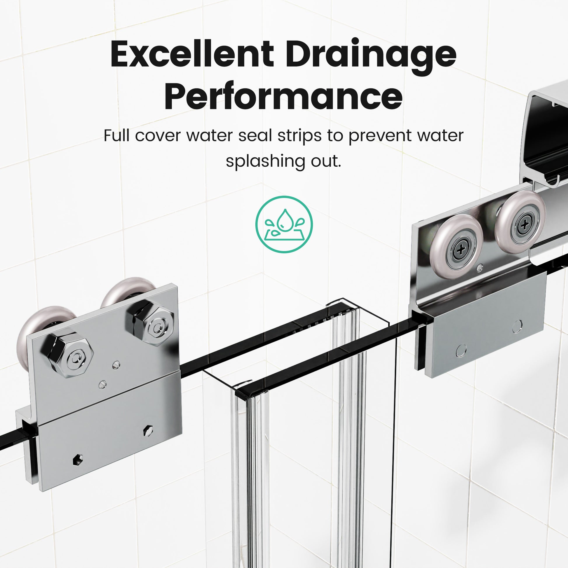Closeup of chrome shower door roller system with dual wheels and water seal strips