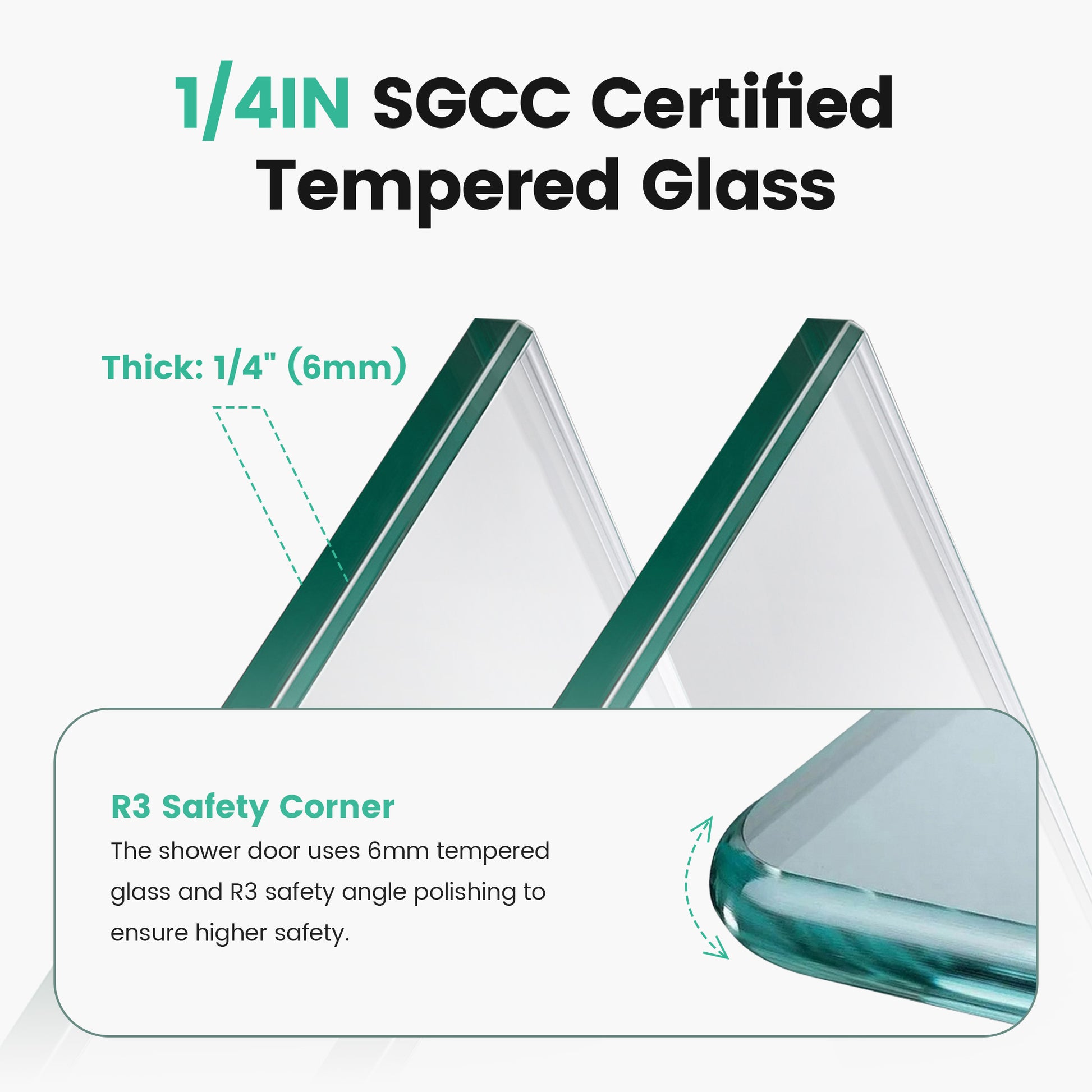 Closeup of  inch thick SGCC certified tempered glass with safety corner detail