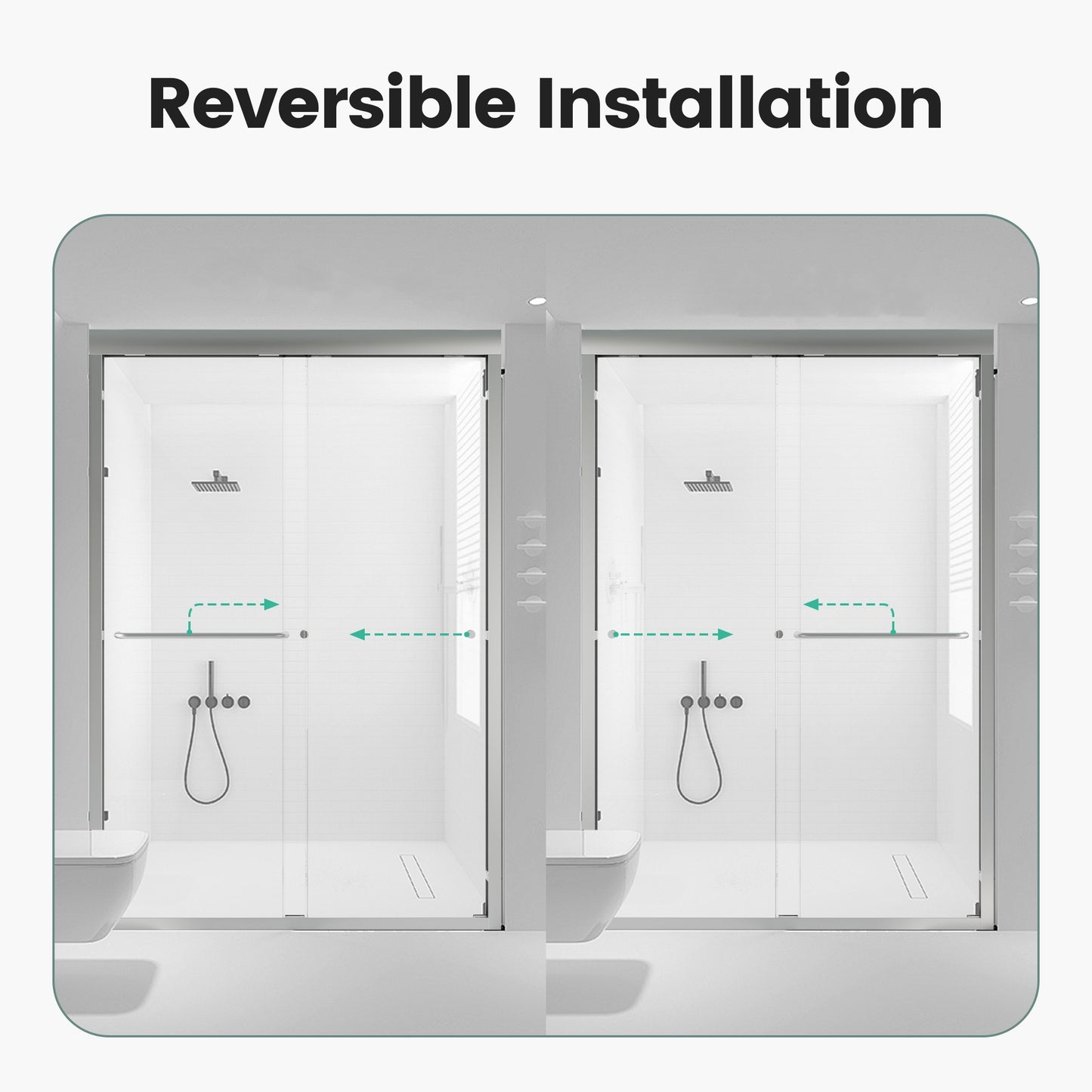 Modern frameless glass shower enclosure with reversible installation