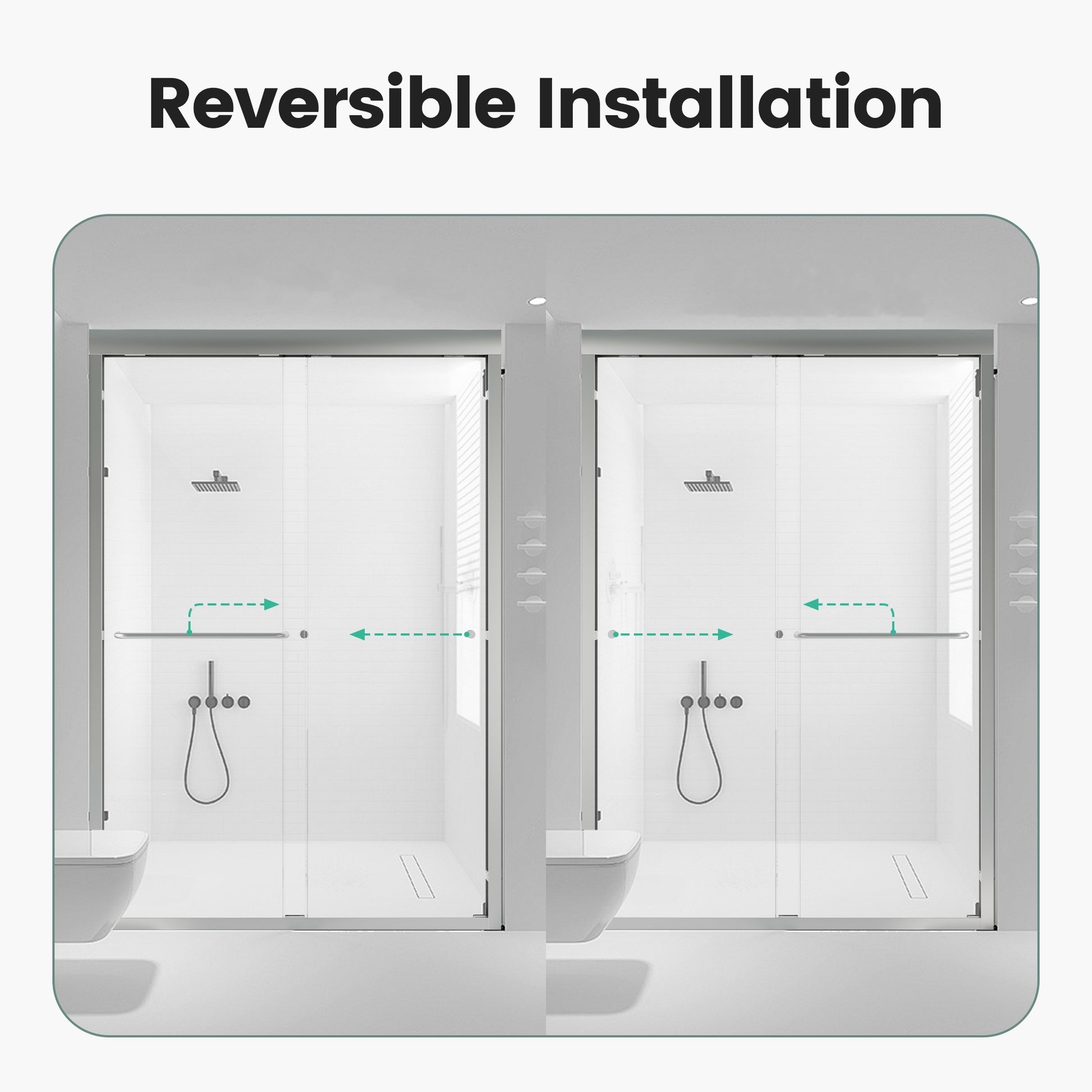 Modern frameless glass shower enclosure with reversible installation