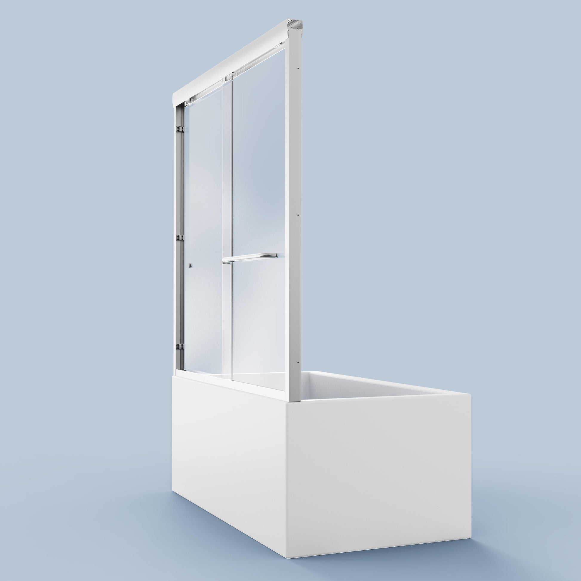 Modern white bathtub with a clear sliding glass shower door and brushed nickel handle