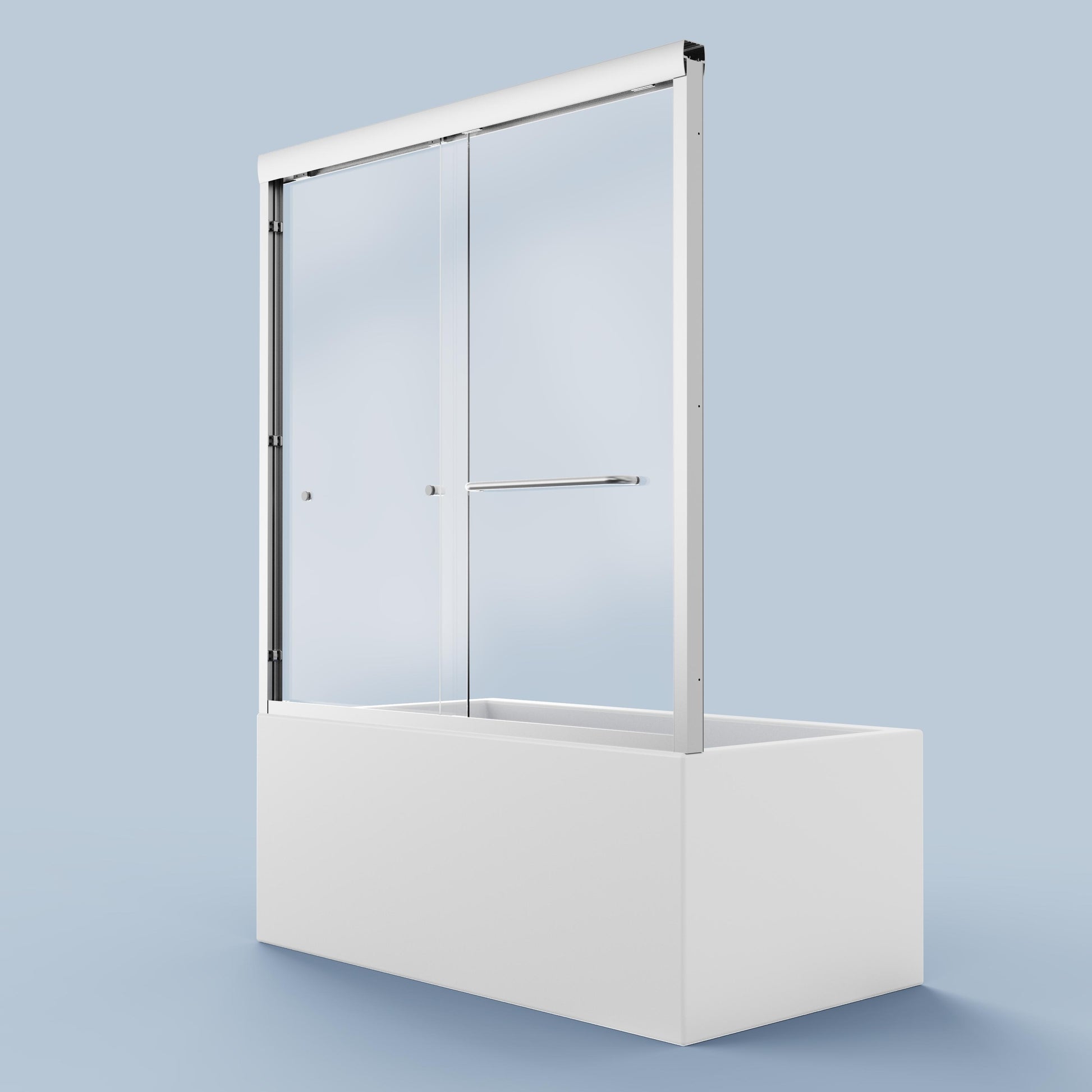 Modern frameless sliding shower door with brushed nickel hardware