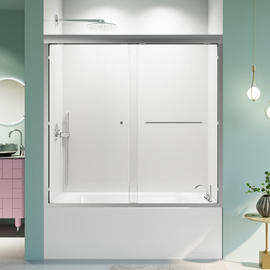 Modern frameless glass shower door with brushed nickel handle