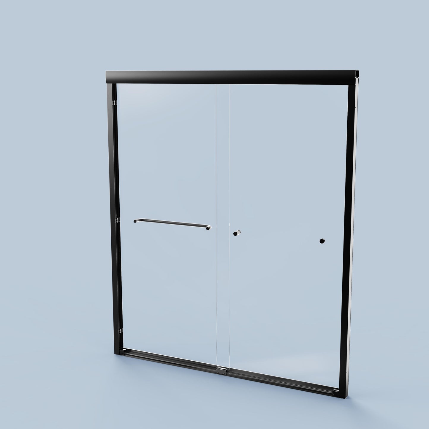 Sleek black framed sliding shower door with clear glass panels and brushed nickel handle