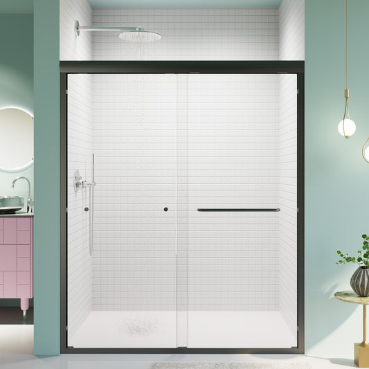 Sleek black frame sliding glass shower door with chrome hardware