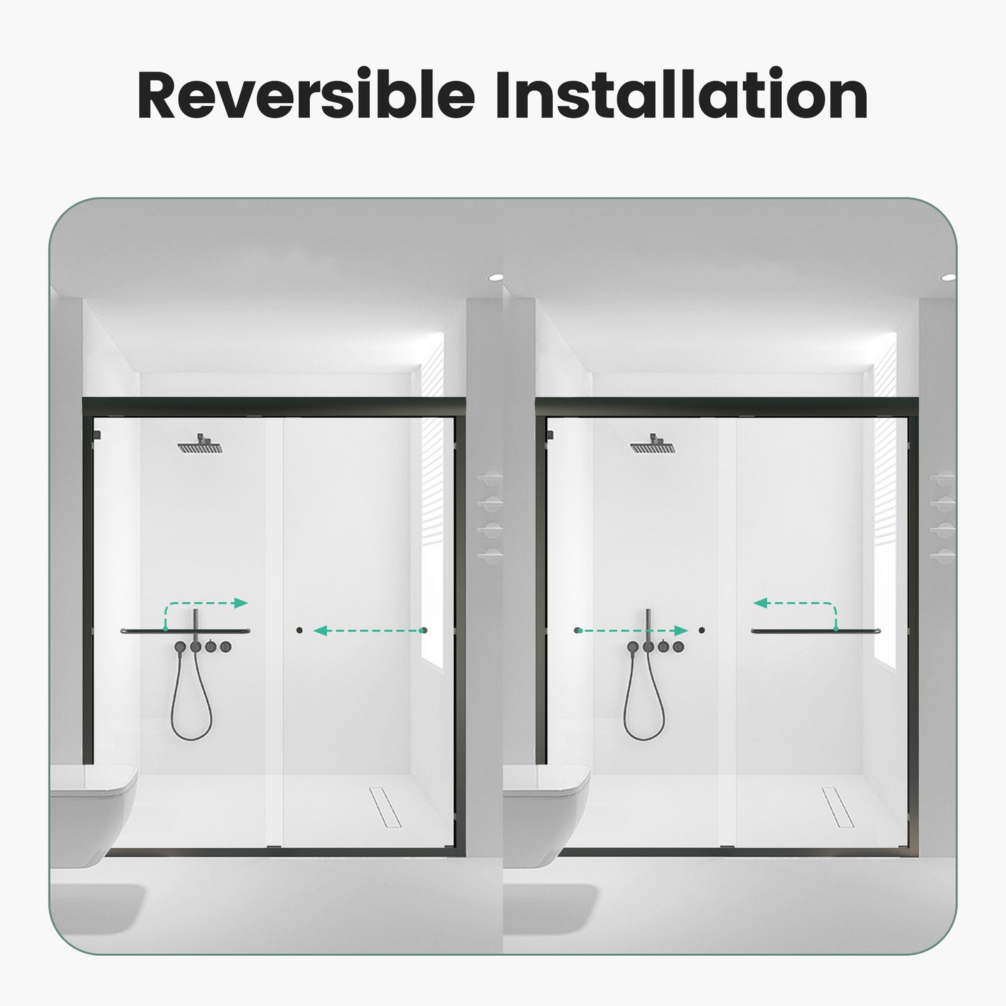 Modern frameless shower door with reversible installation for left or right entry