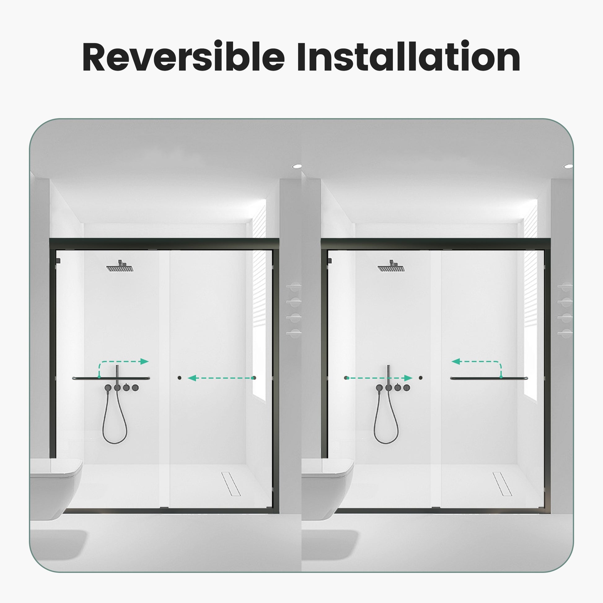 Modern frameless shower door with reversible installation for left or right entry