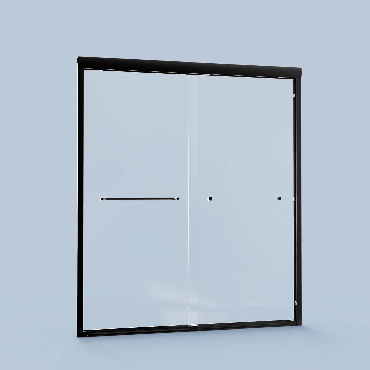 Sleek black framed glass sliding shower door with modern brushed nickel handle