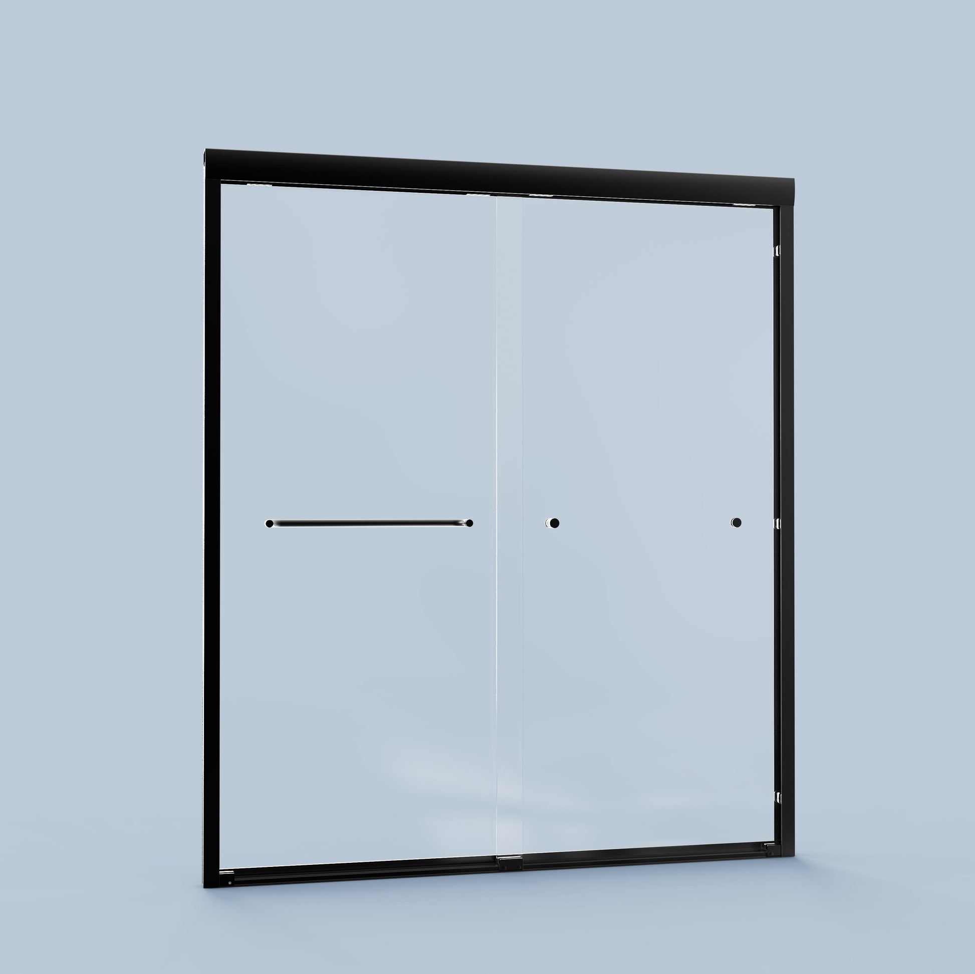 Sleek black framed glass sliding shower door with modern brushed nickel handle
