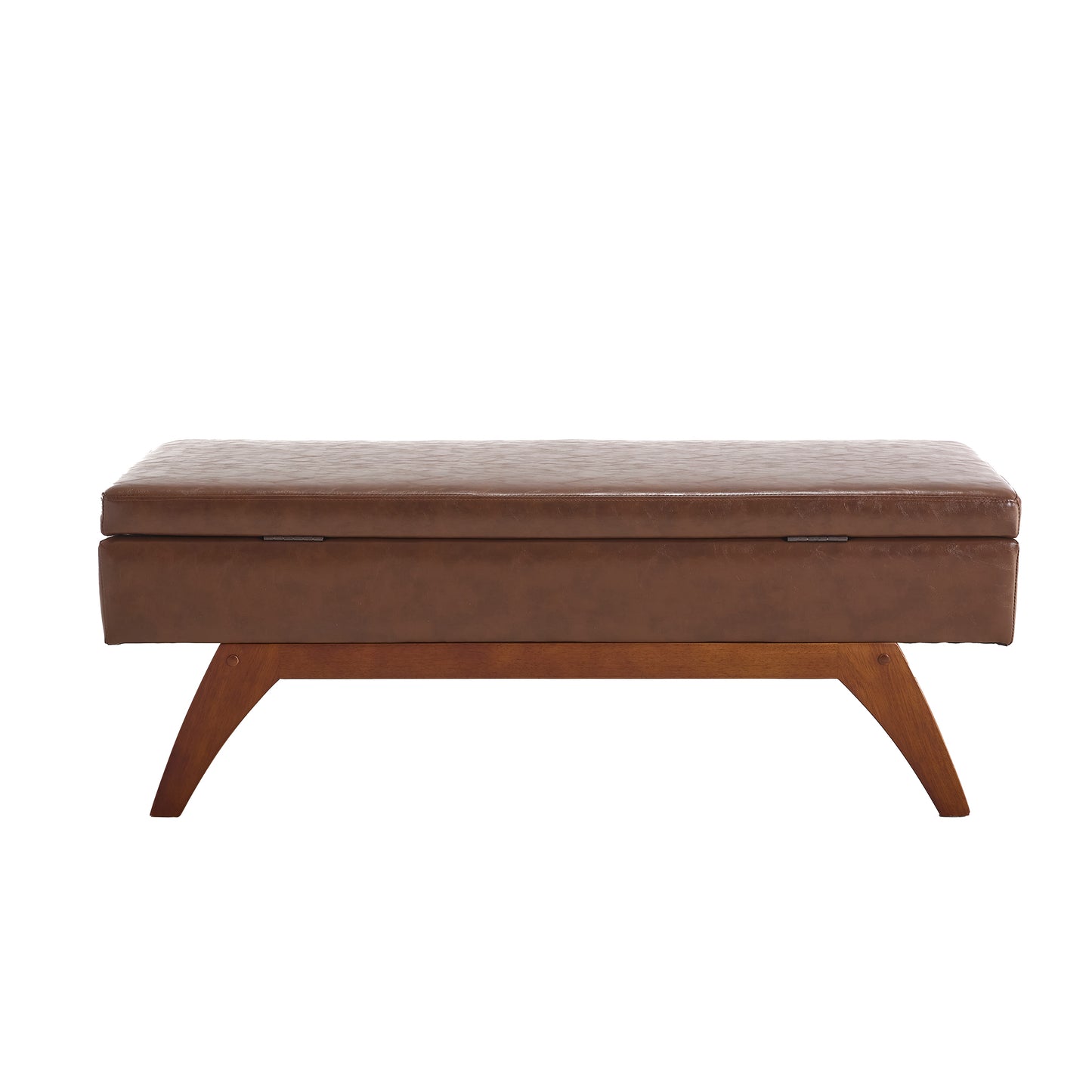 Brown faux leather storage bench with wooden legs and hinged lid