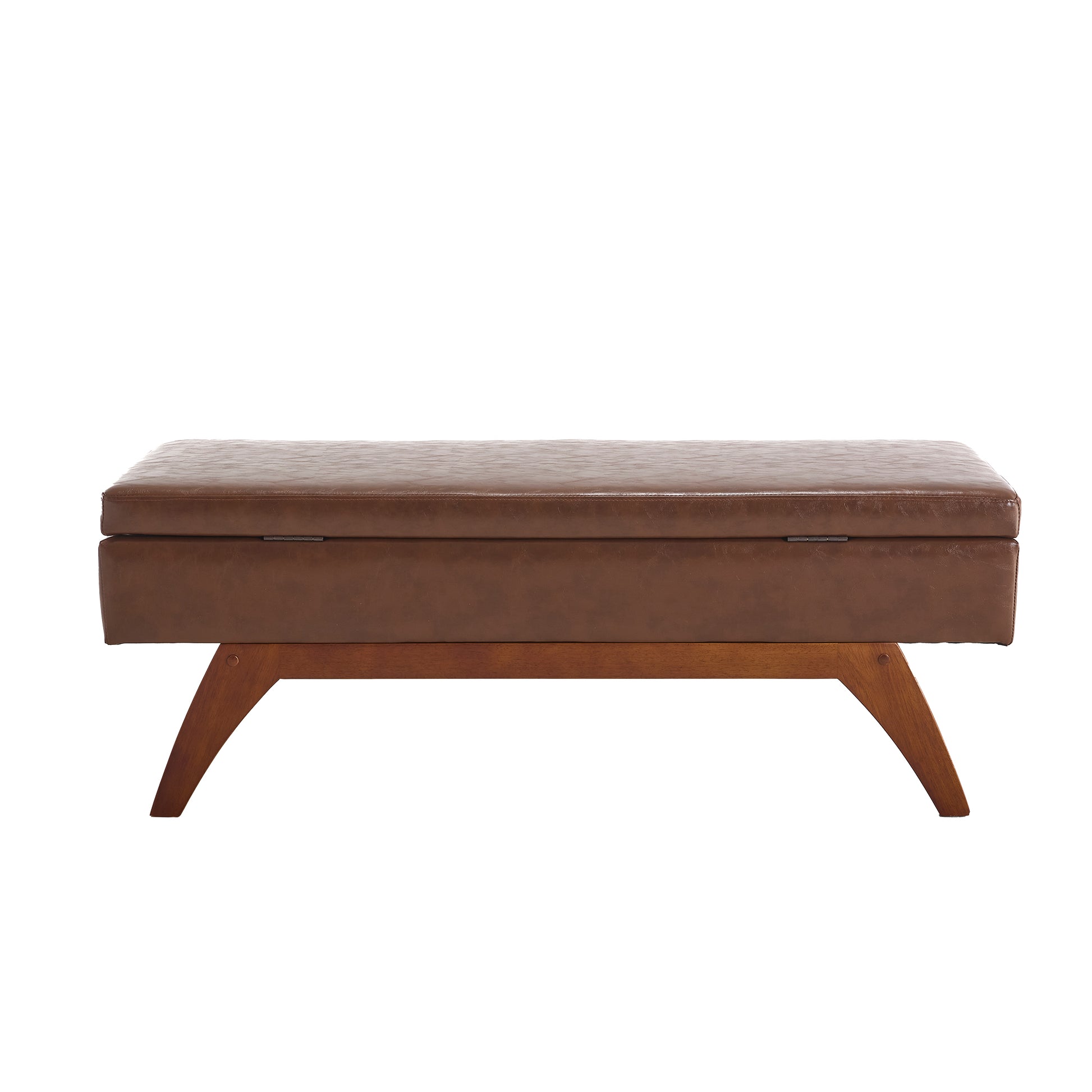 Brown faux leather storage bench with wooden legs and hinged lid