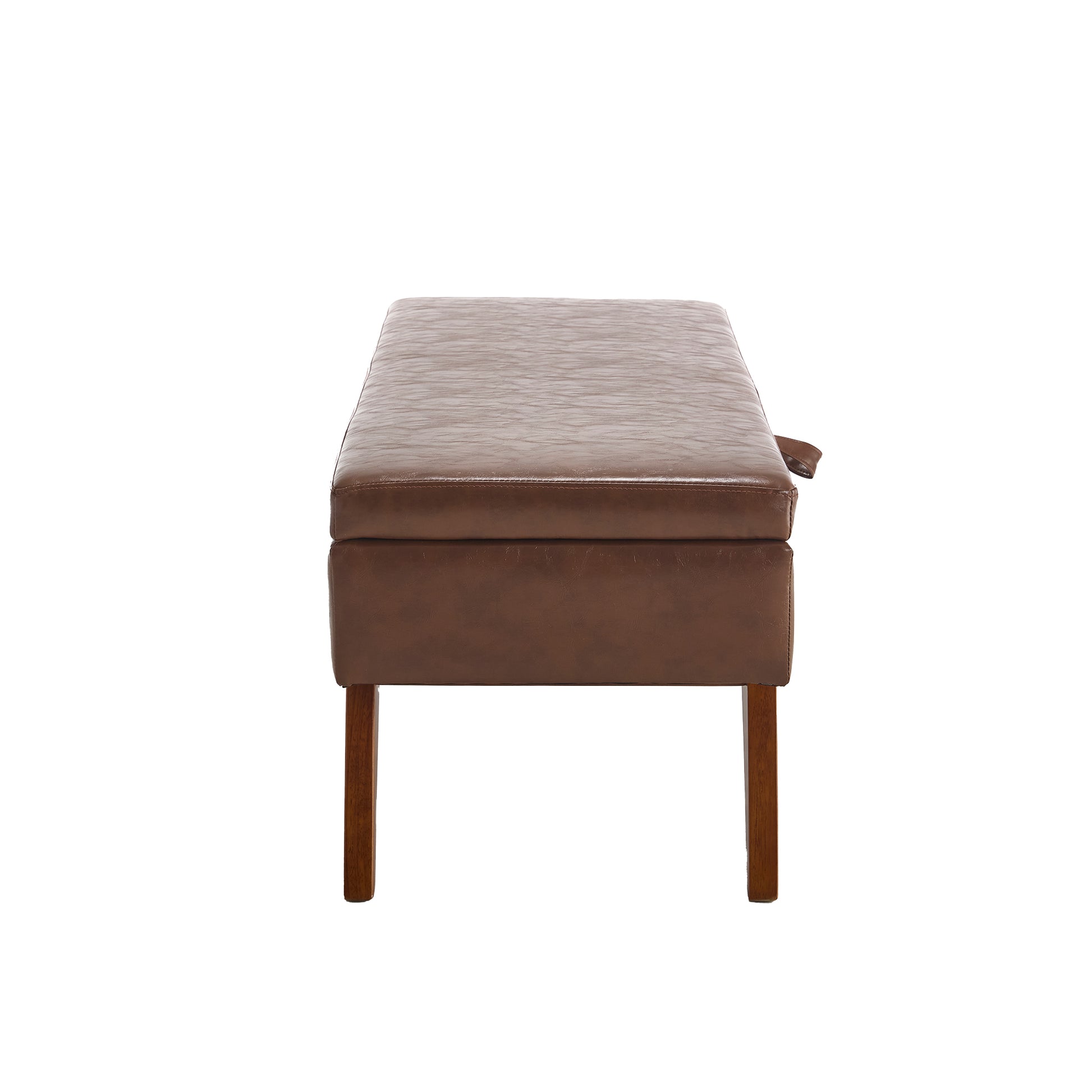 Brown faux leather storage ottoman bench with wooden legs