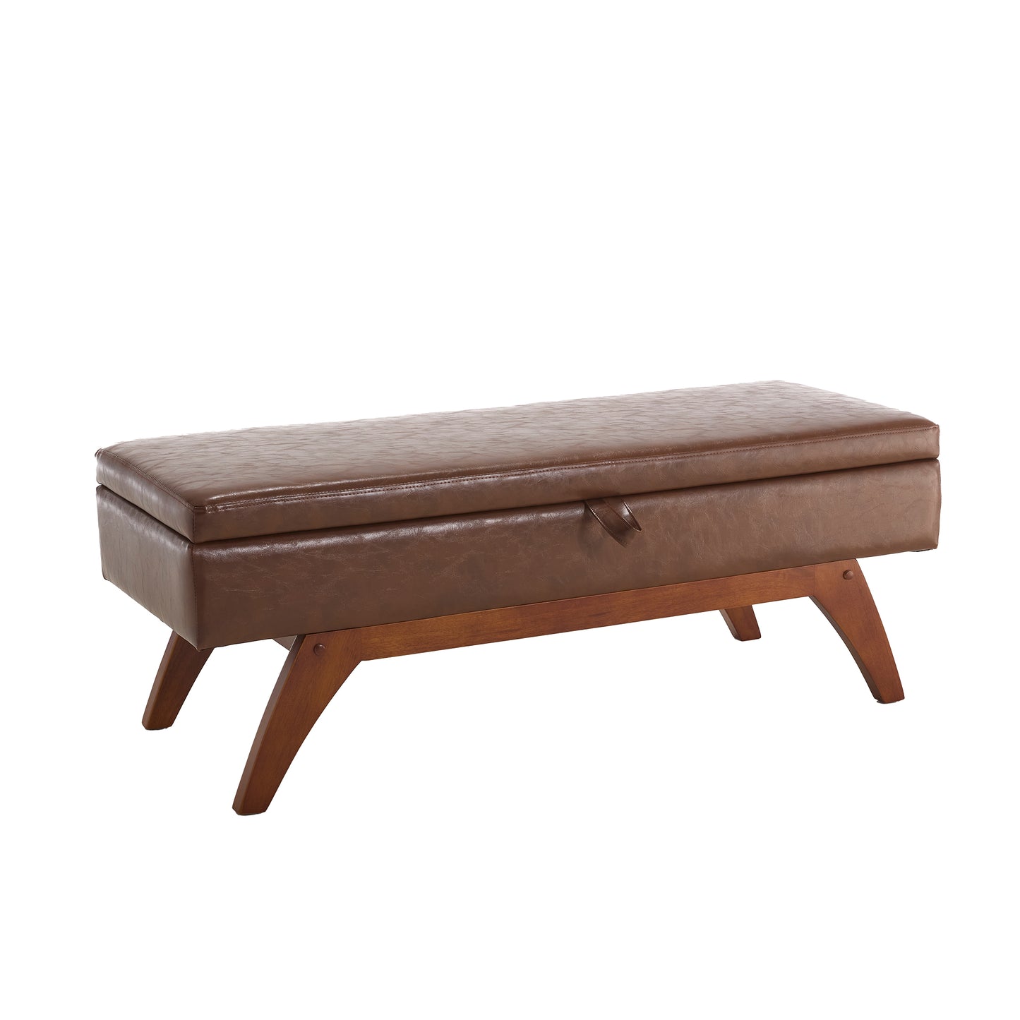 Brown faux leather storage ottoman bench with wooden legs