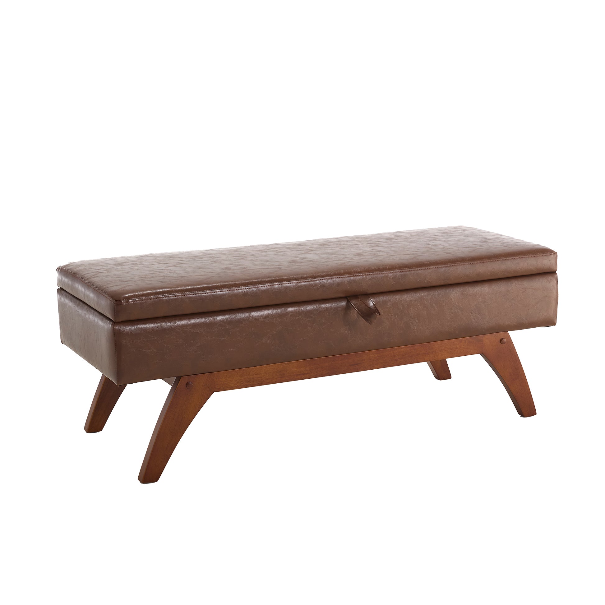 Brown faux leather storage ottoman bench with wooden legs