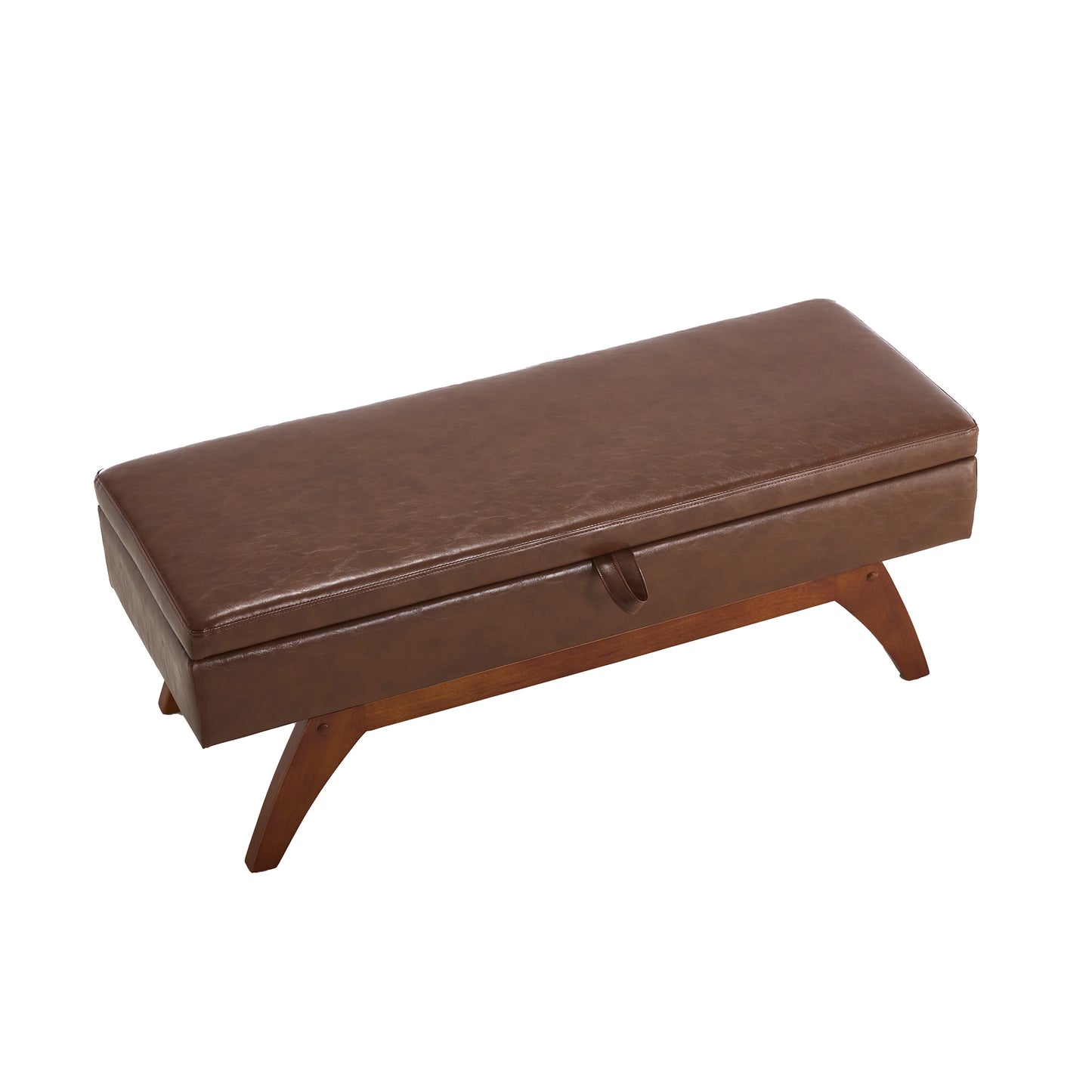 Brown faux leather storage ottoman with wooden legs