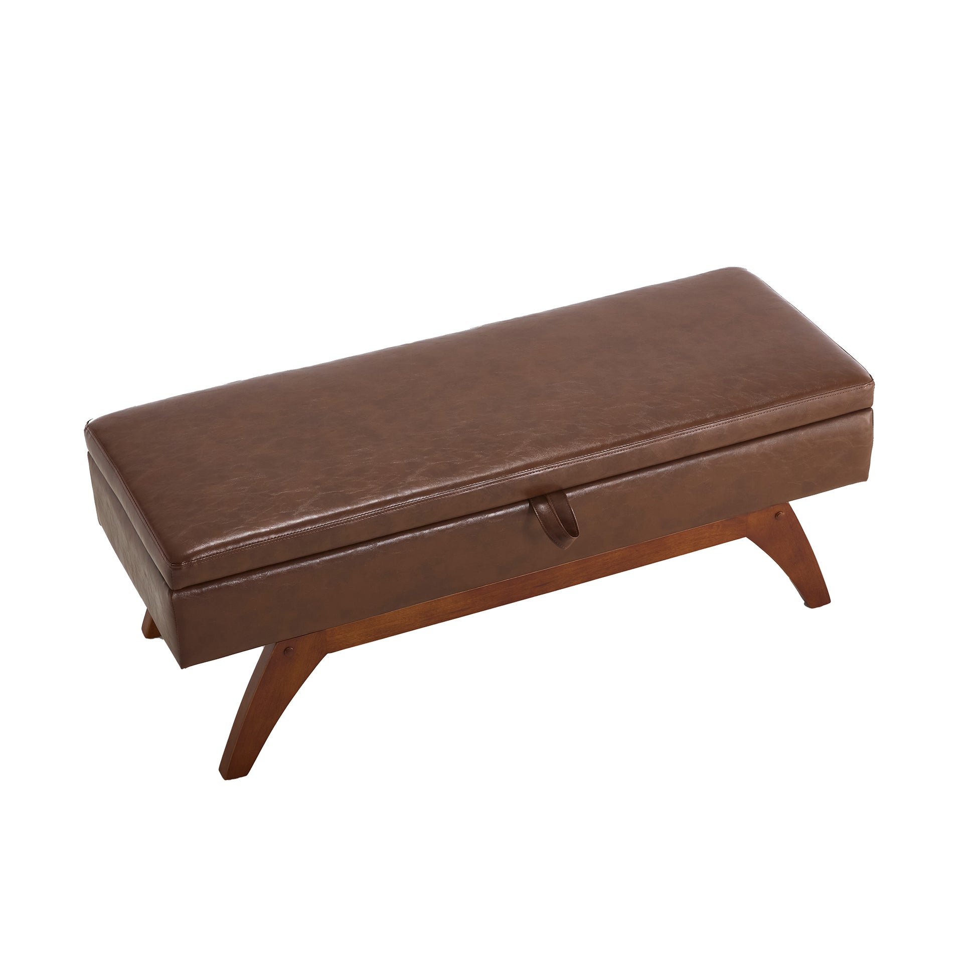 Brown faux leather storage ottoman with wooden legs