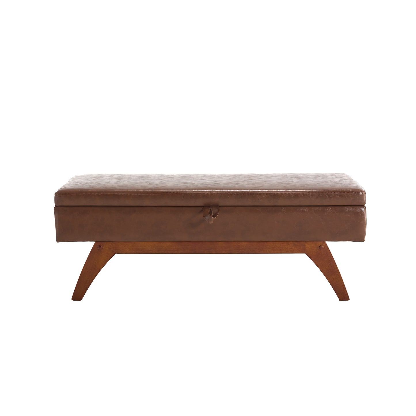 Brown faux leather storage ottoman with wooden angled legs