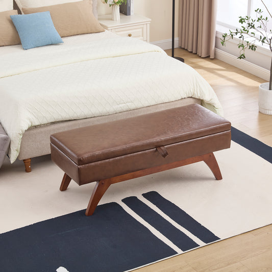 Brown faux leather storage ottoman bench with wooden legs