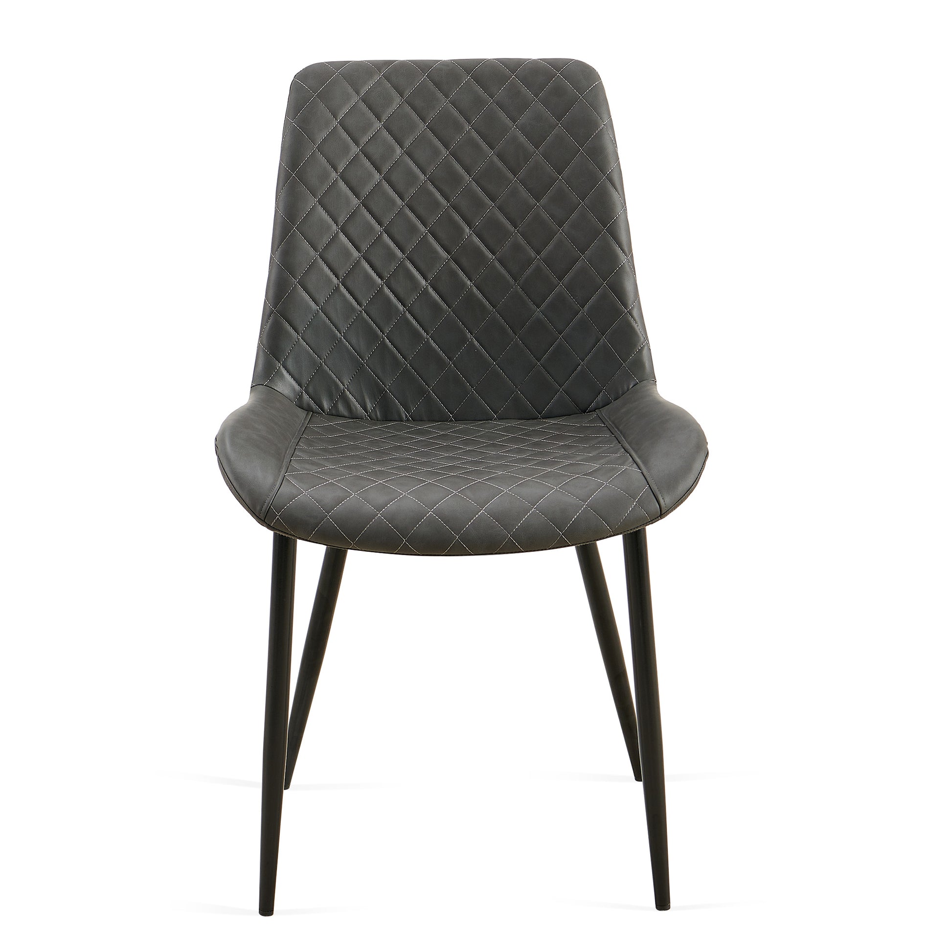 Dark gray upholstered dining chair with diamond stitching and black tapered legs