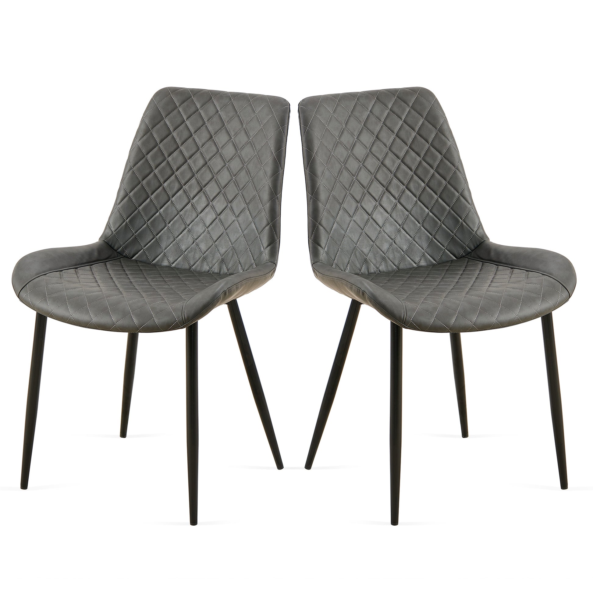 Pair of gray tufted accent chairs with black metal legs