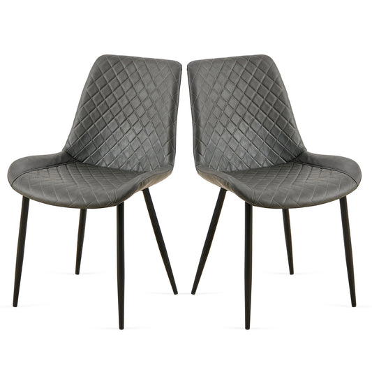 Pair of gray tufted accent chairs with black metal legs