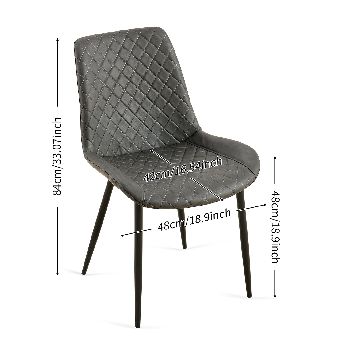 Gray upholstered dining chair with diamond stitching and black metal legs