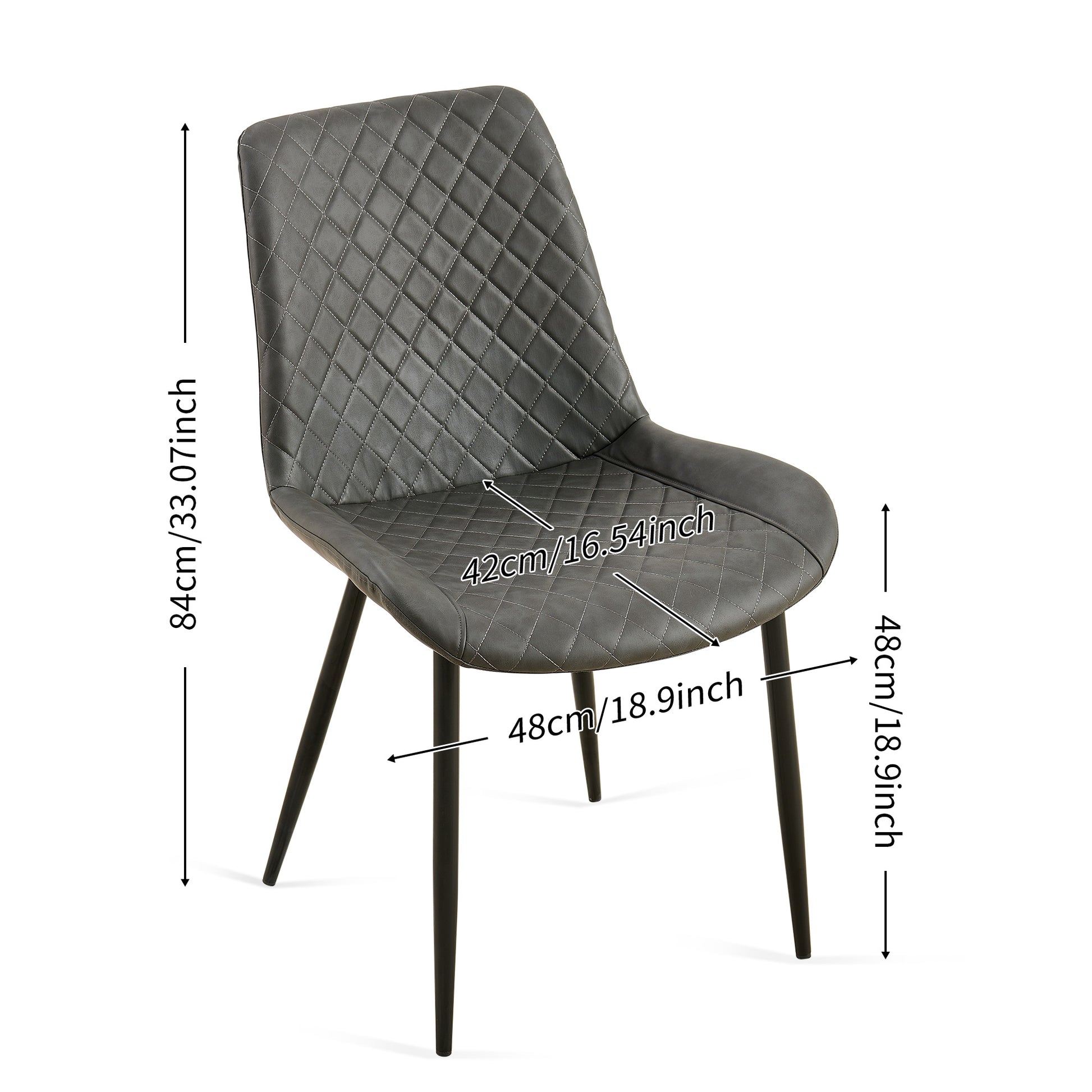 Gray upholstered dining chair with diamond stitching and black metal legs