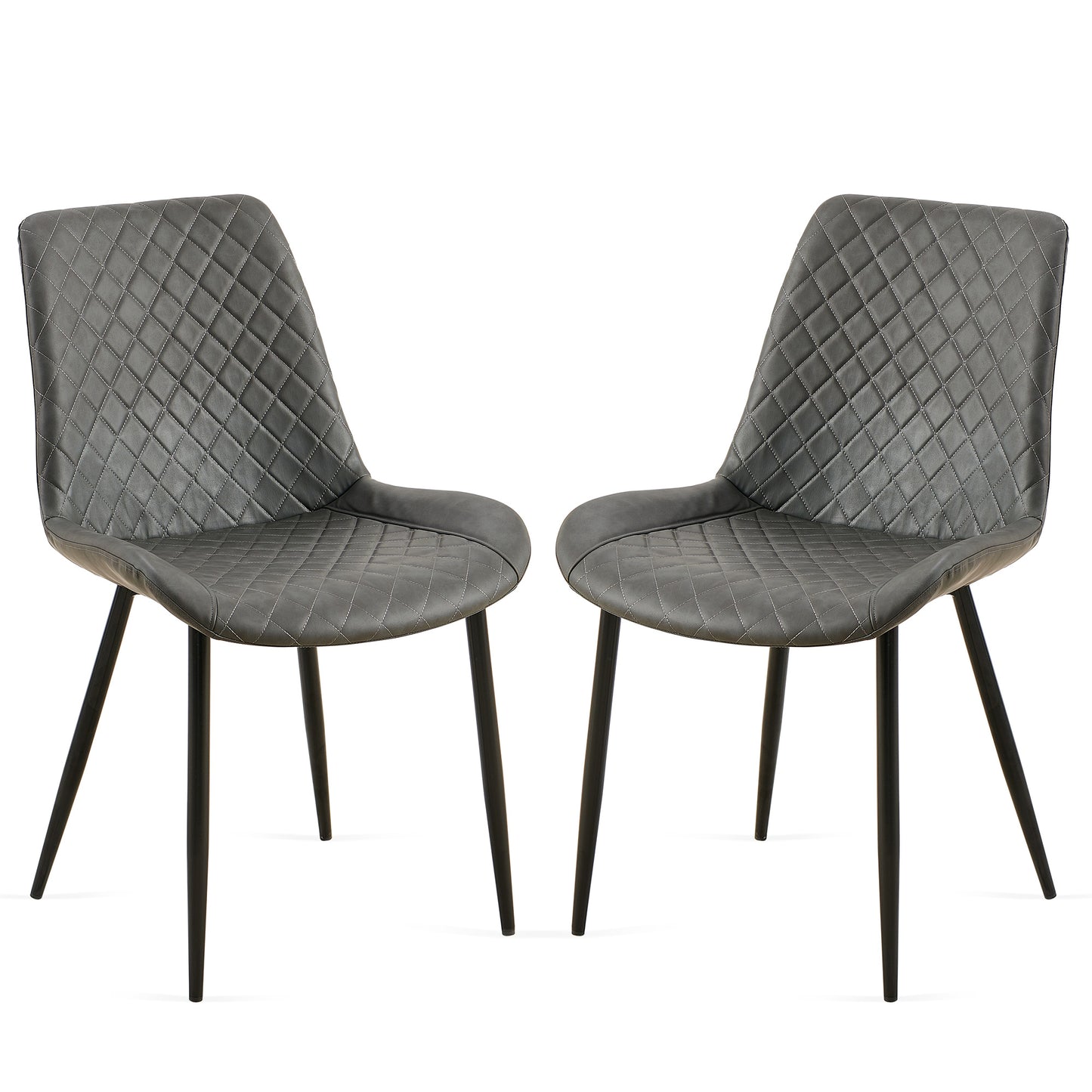 Two gray faux leather accent chairs with diamond stitching and black metal legs