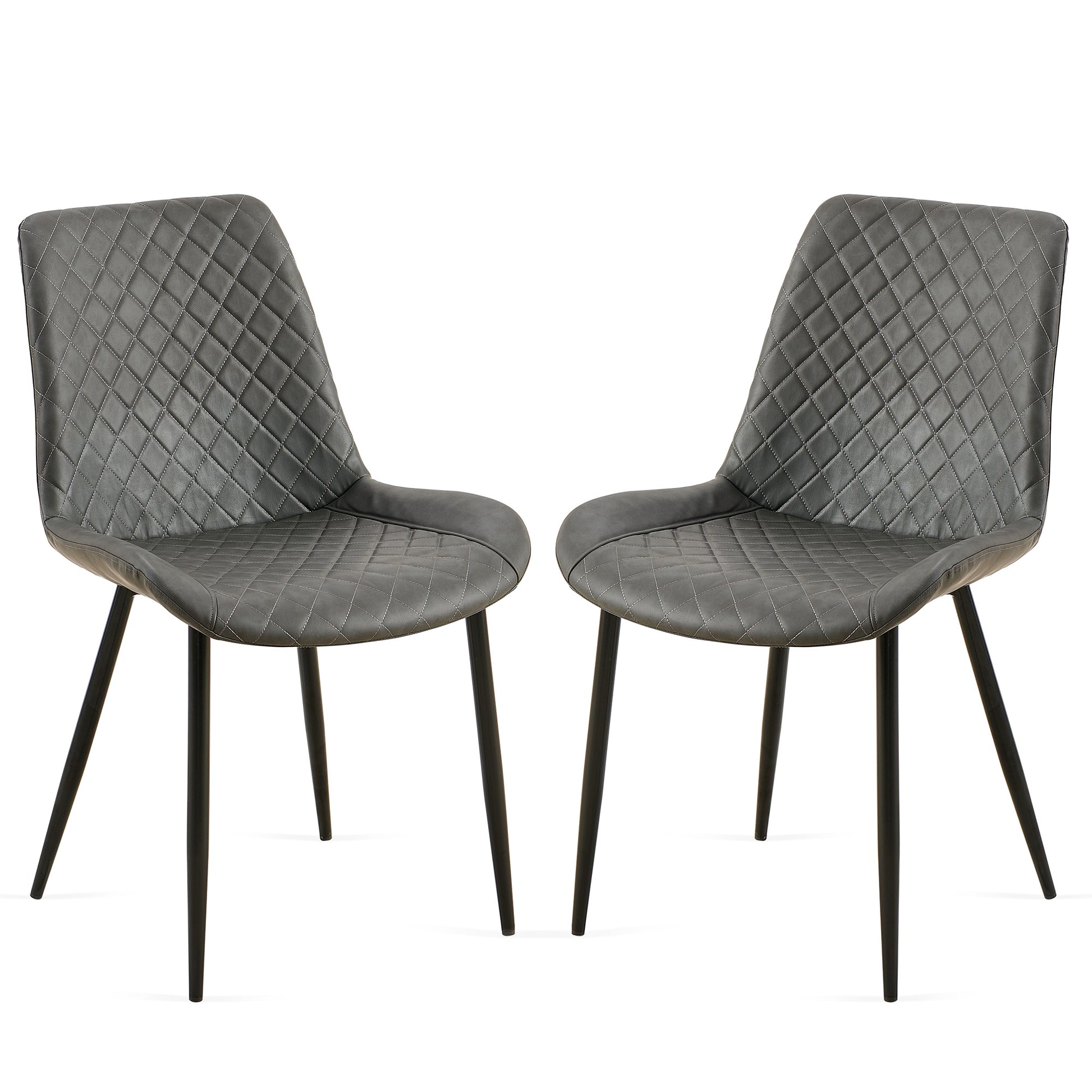 Two gray faux leather accent chairs with diamond stitching and black metal legs