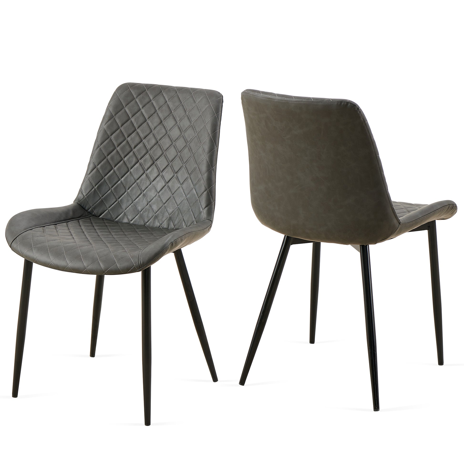 Grey diamondstitched faux leather dining chair with black metal legs