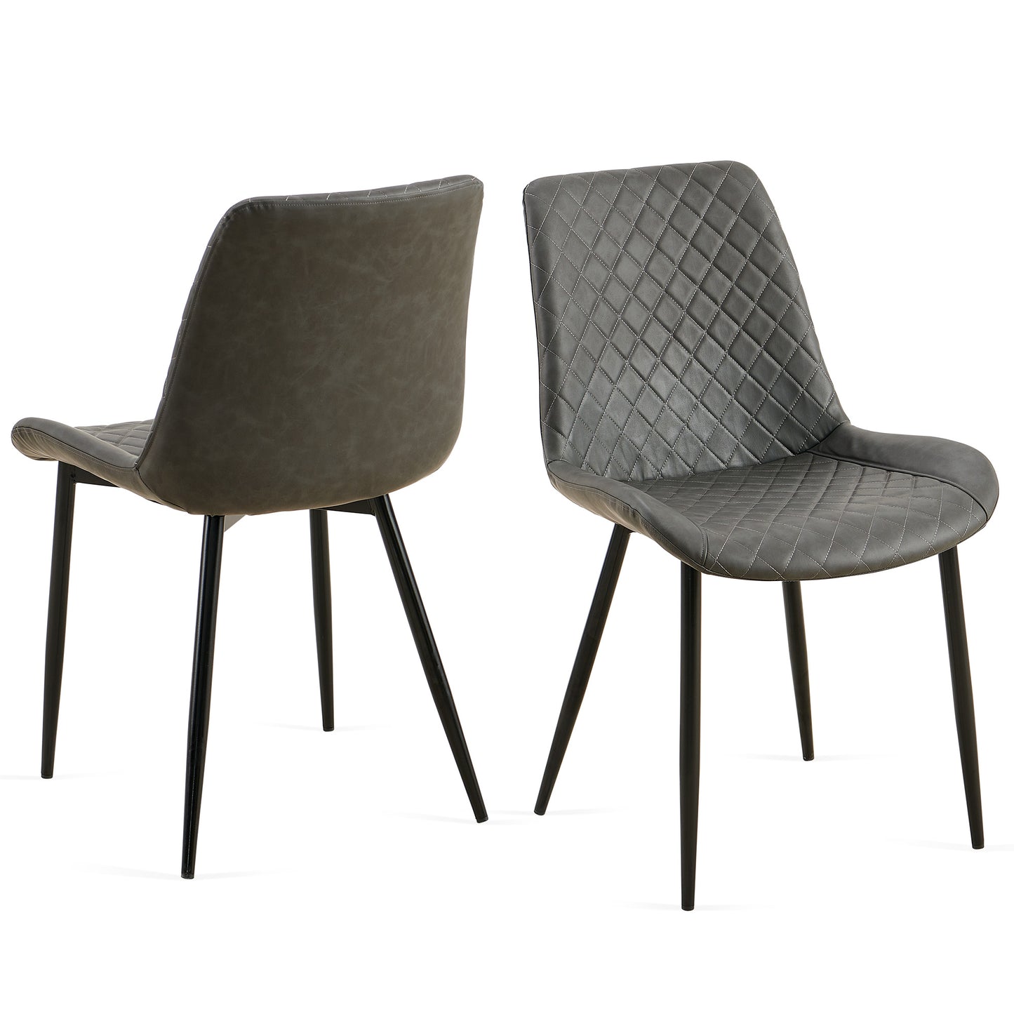 Gray quilted faux leather dining chair with black metal legs