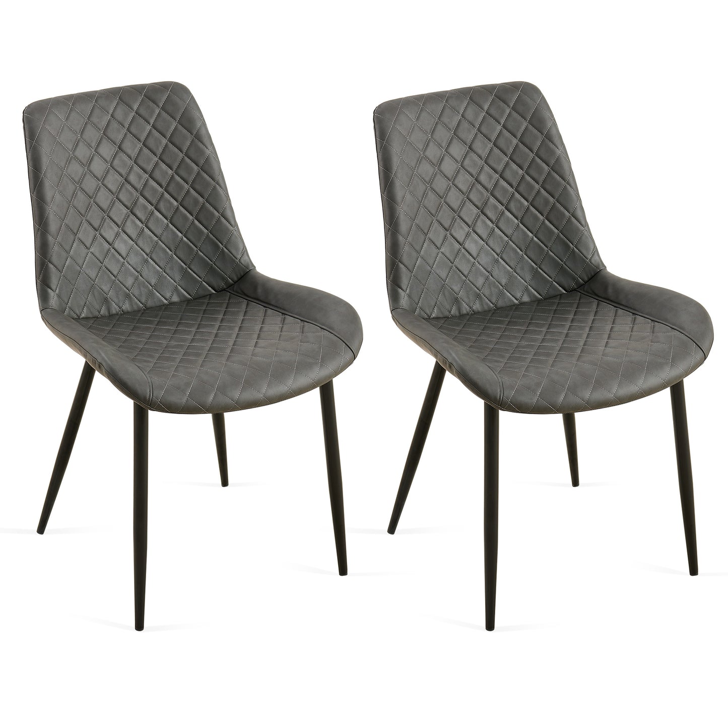 Pair of grey faux leather dining chairs with diamond tufting and black metal legs