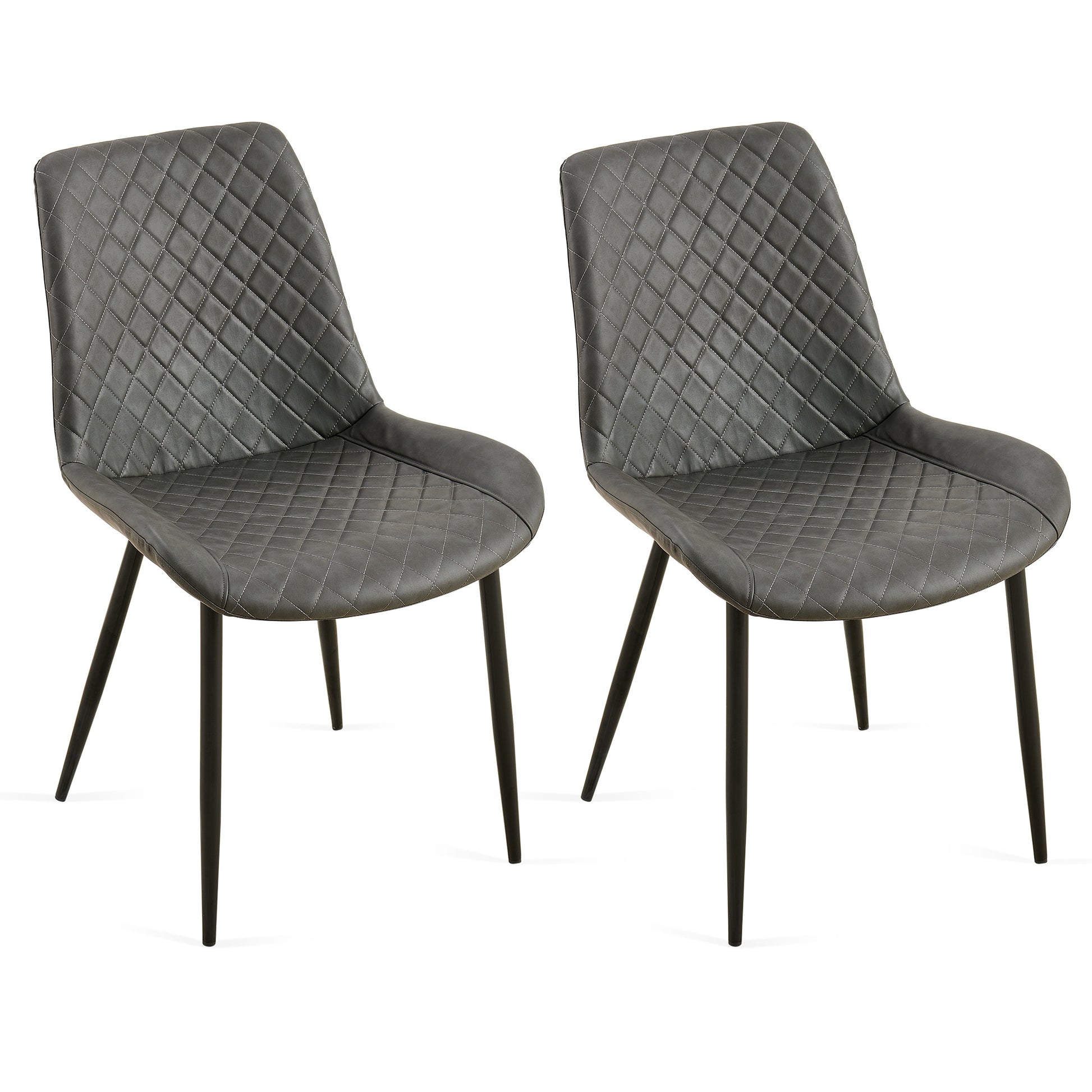 Pair of grey faux leather dining chairs with diamond tufting and black metal legs