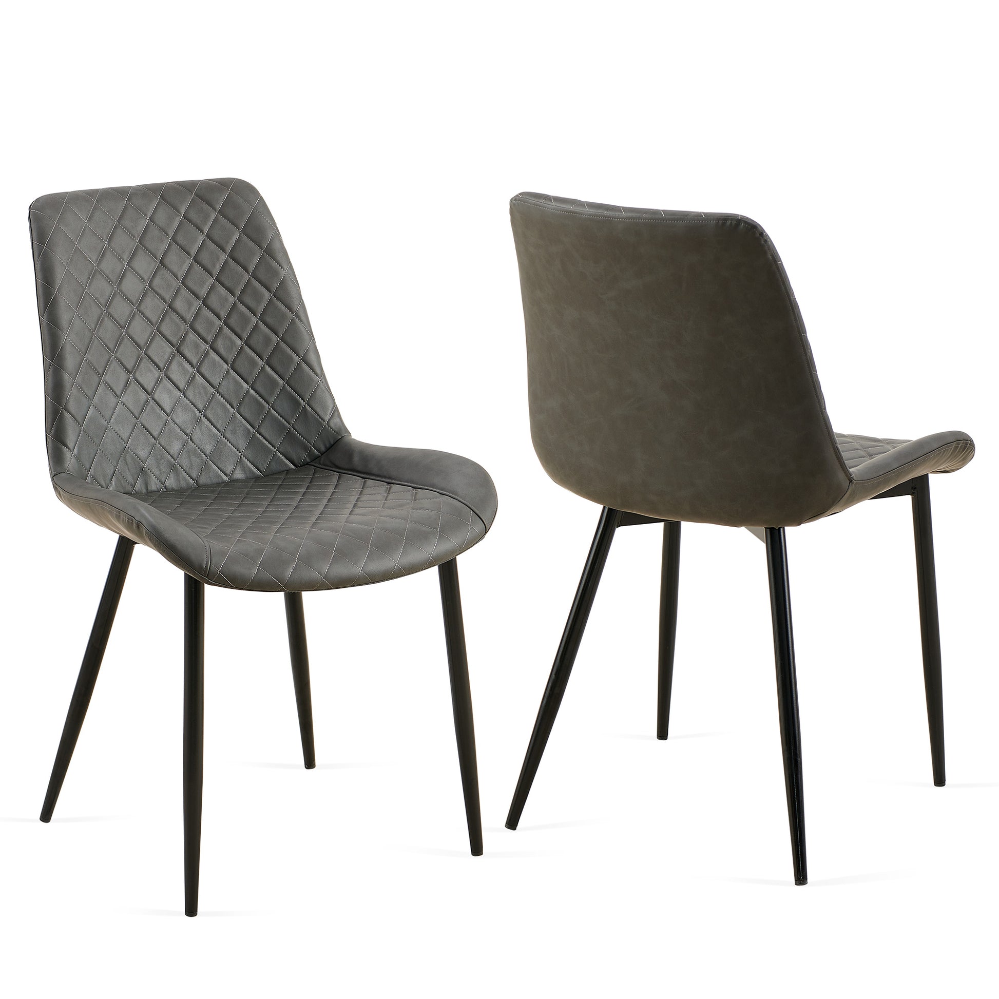 Gray faux leather dining chair with diamond stitching and black metal legs
