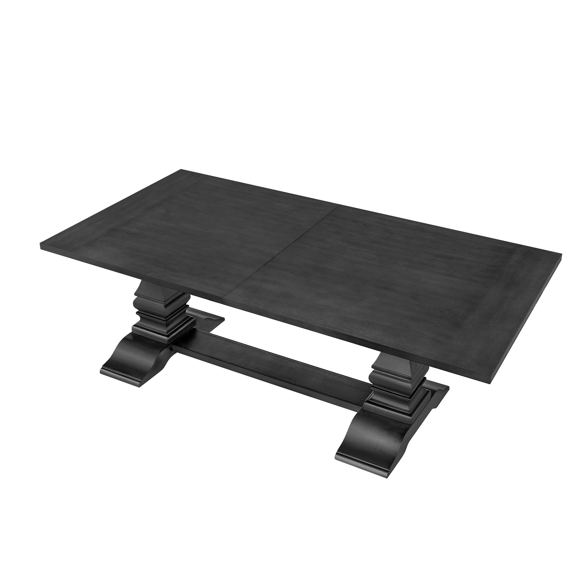 Dark gray pedestal dining table with a rectangular wooden top and sturdy base