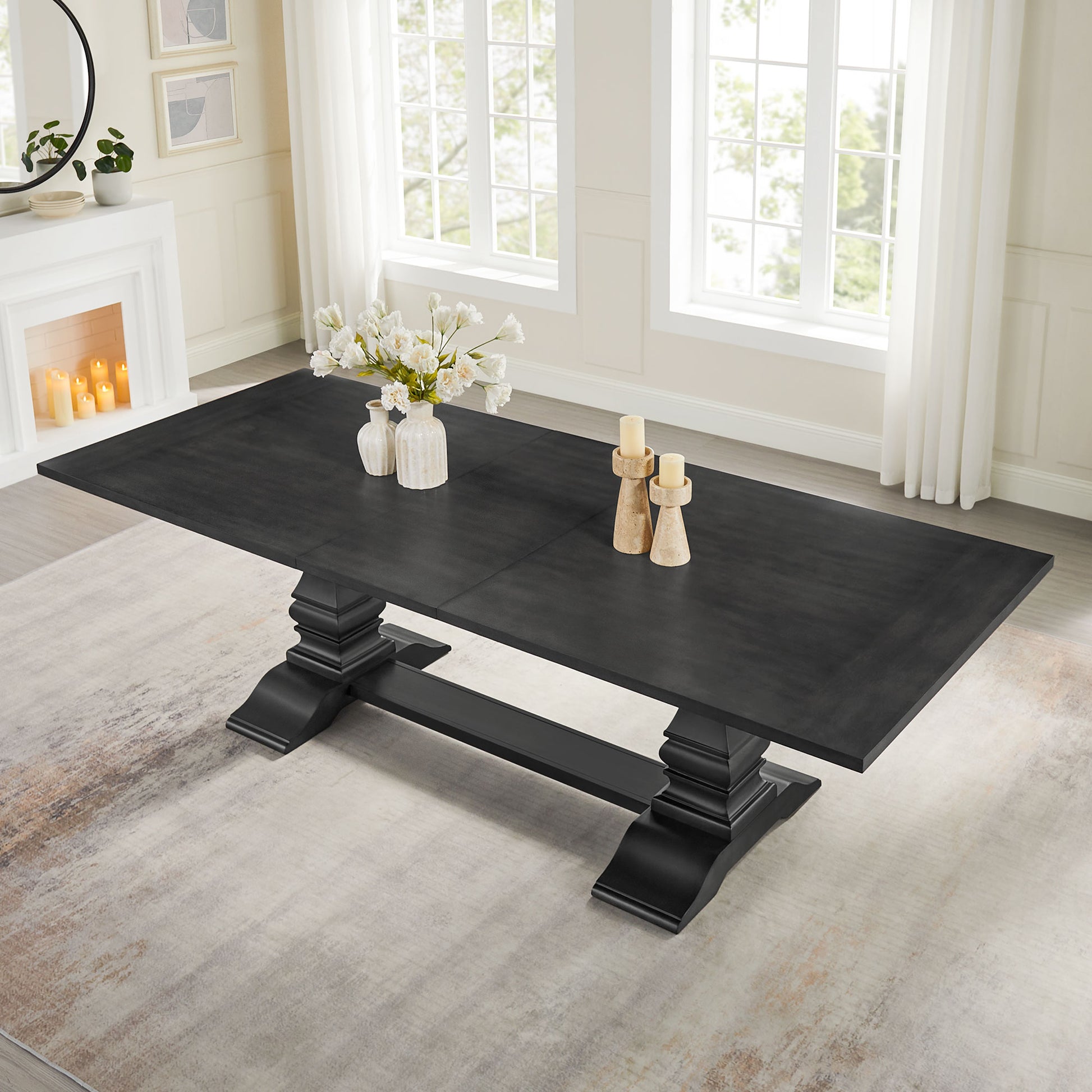 Dark grey wooden dining table with pedestal base