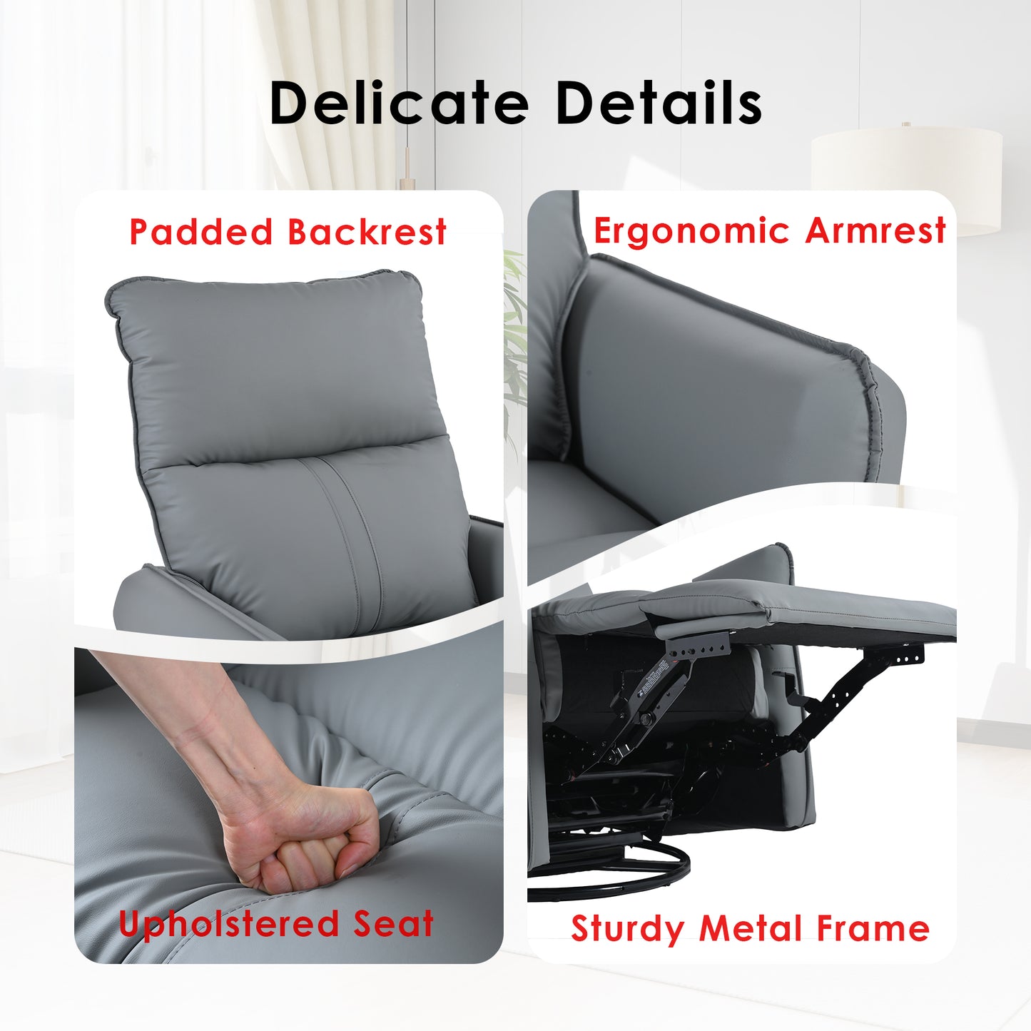 Closeup of grey faux leather recliner padded backrest with stitching details