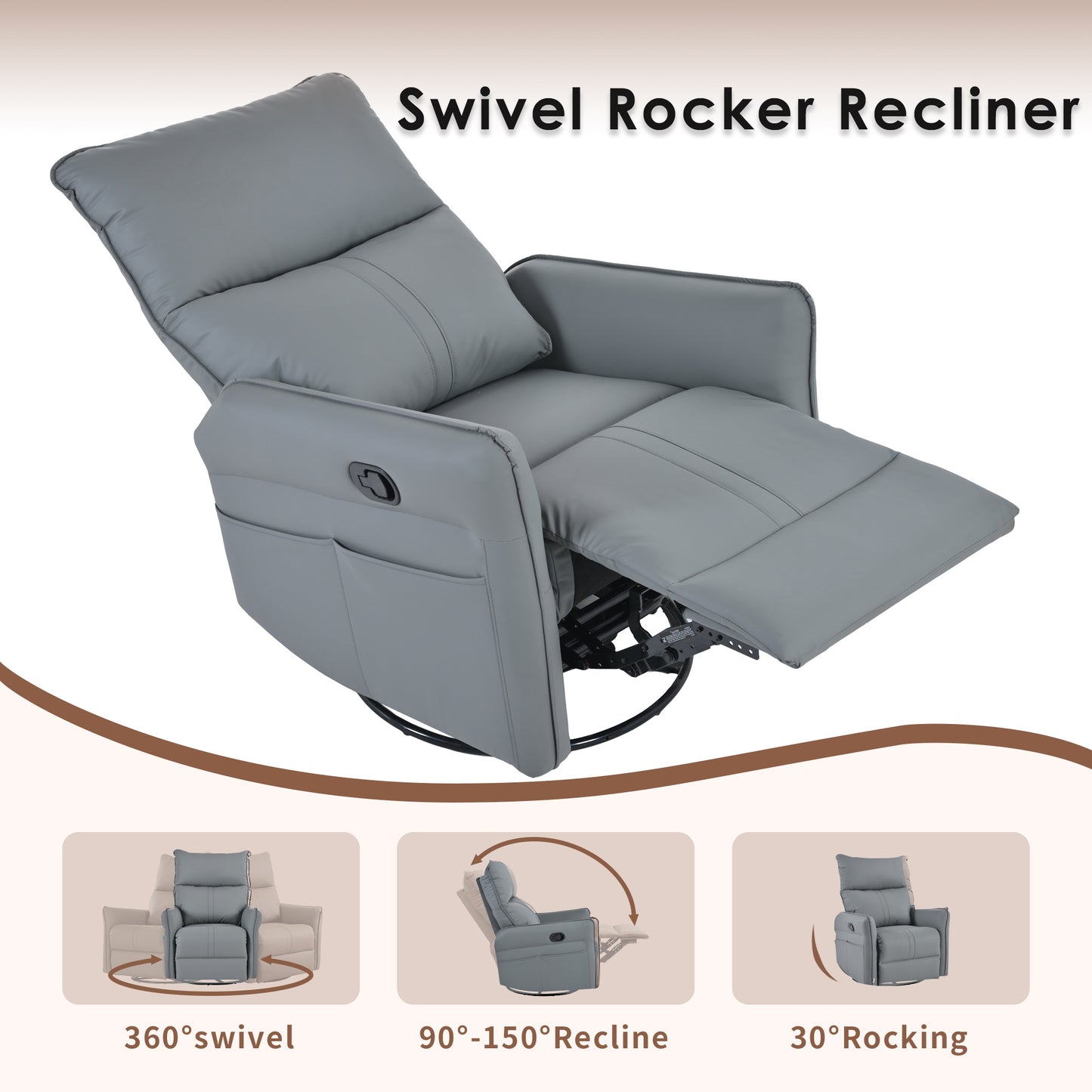 Gray swivel rocker recliner chair with plush padding and side pockets
