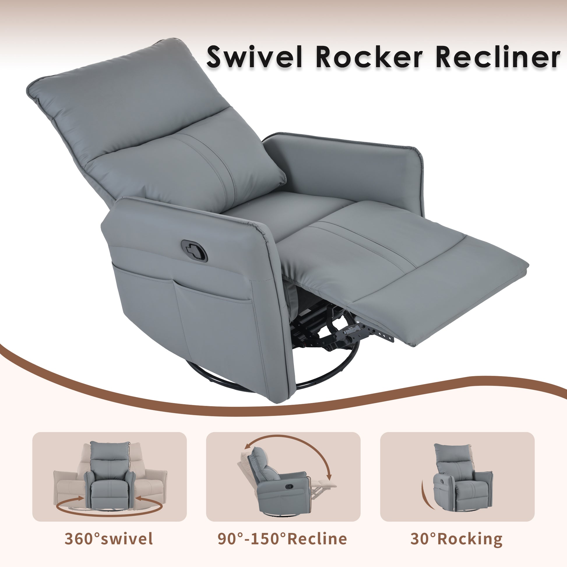 Gray swivel rocker recliner chair with plush padding and side pockets
