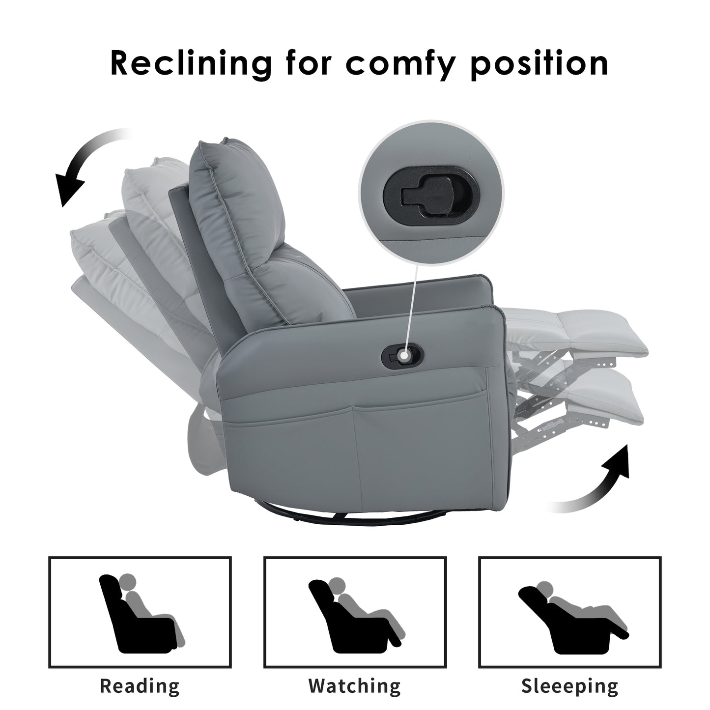 Gray leather recliner chair with pushbutton lever