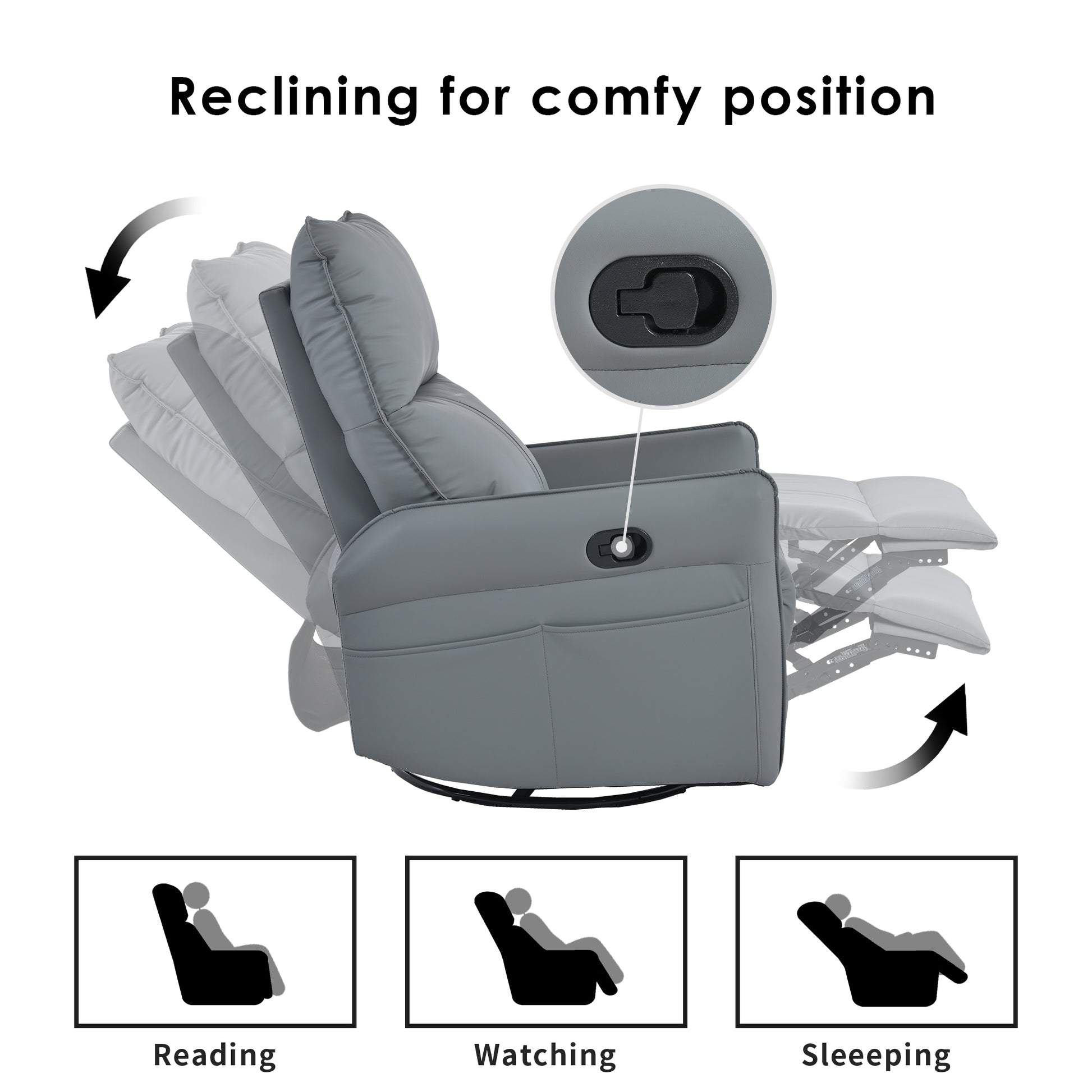 Gray leather recliner chair with pushbutton lever