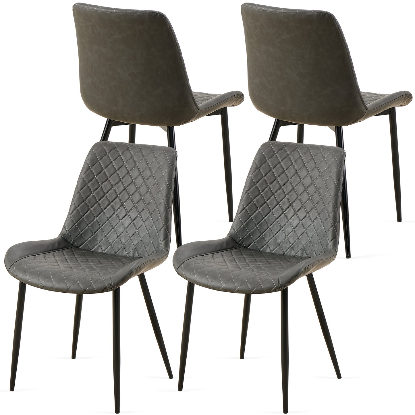 Set of  diamondstitched grey faux leather dining chairs with black metal legs