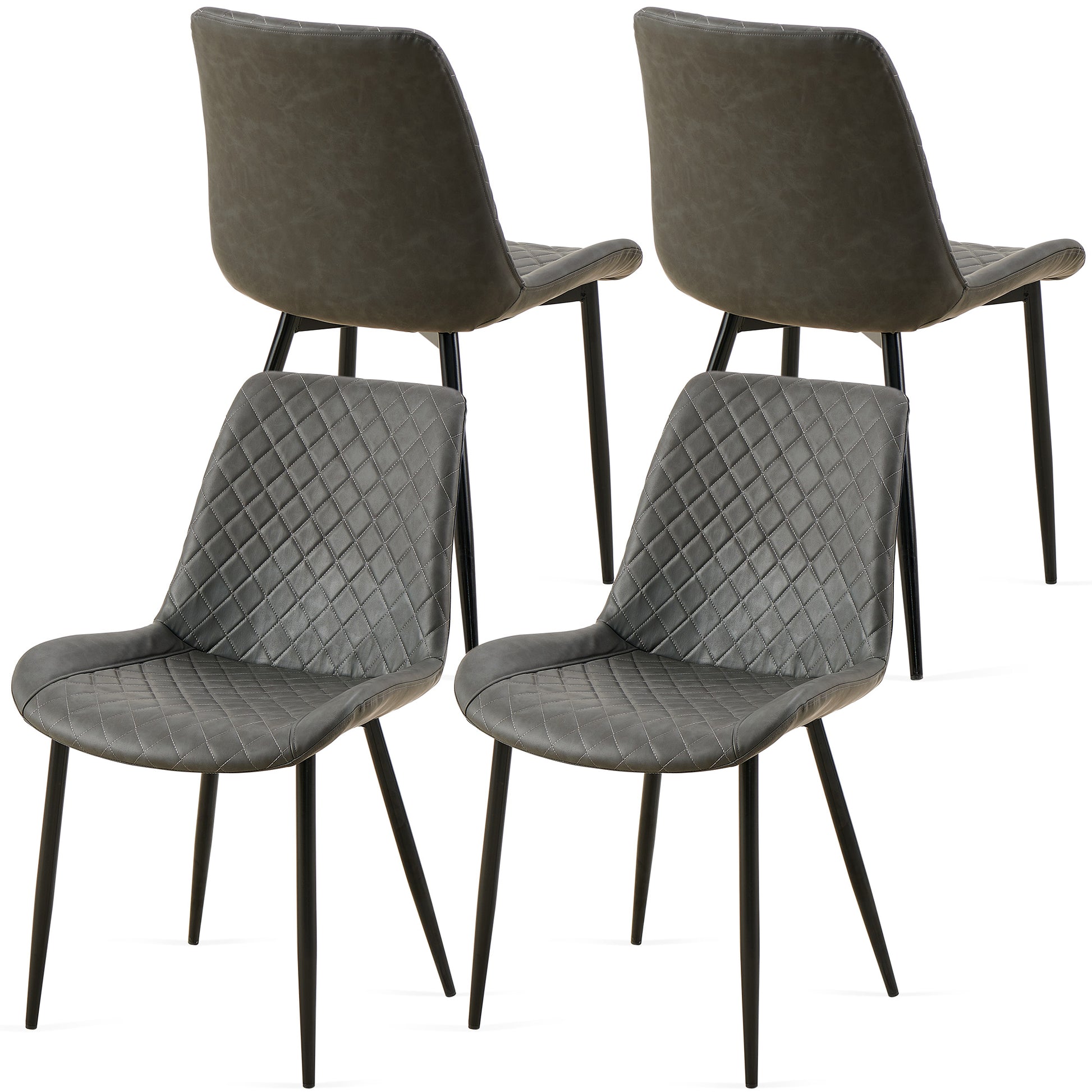 Set of  diamondstitched grey faux leather dining chairs with black metal legs