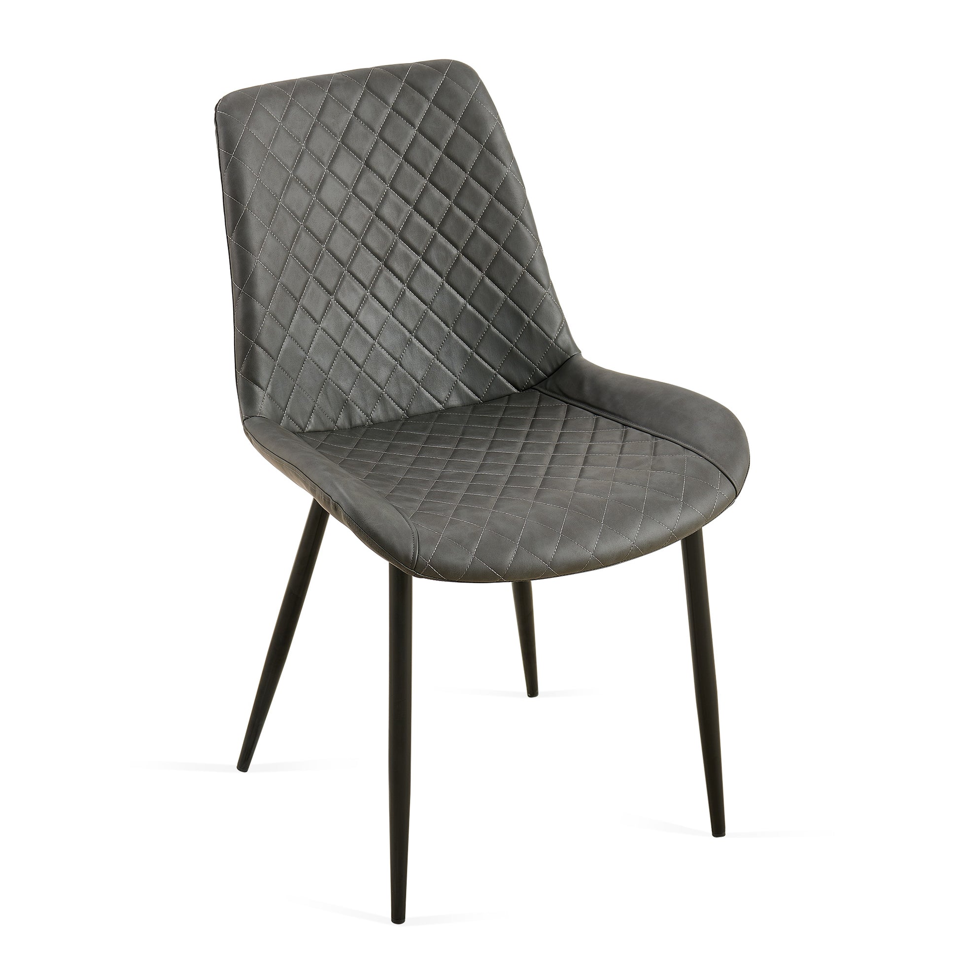 Gray faux leather accent chair with diamond tufting and black metal legs