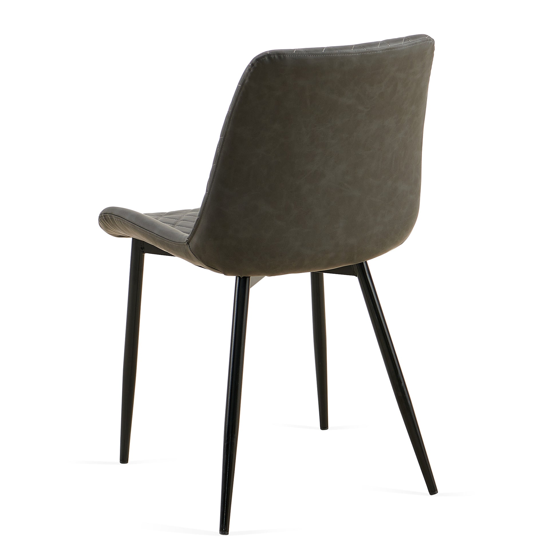 Back view of grey upholstered dining chair with diamond stitching