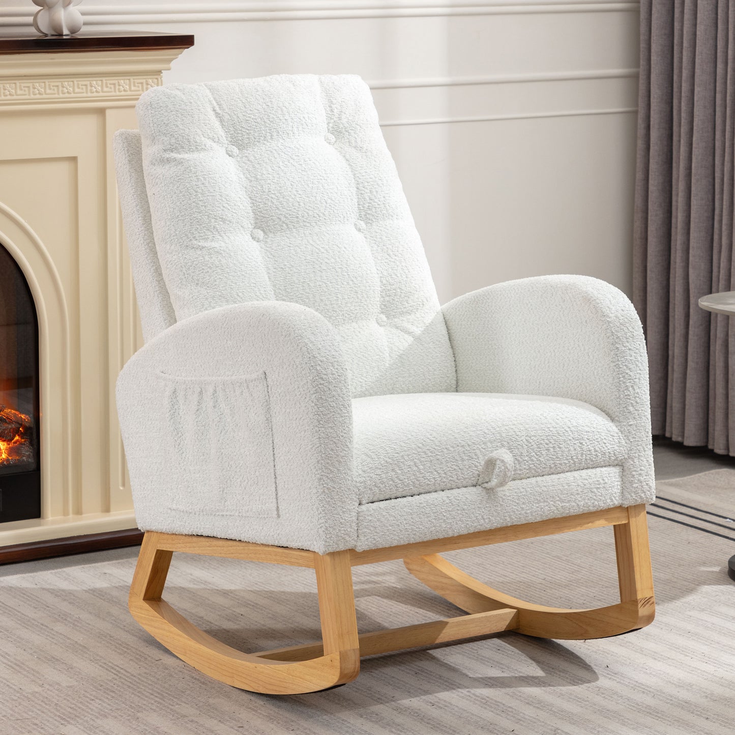 White teddy fabric rocking chair with tufted back and wooden base